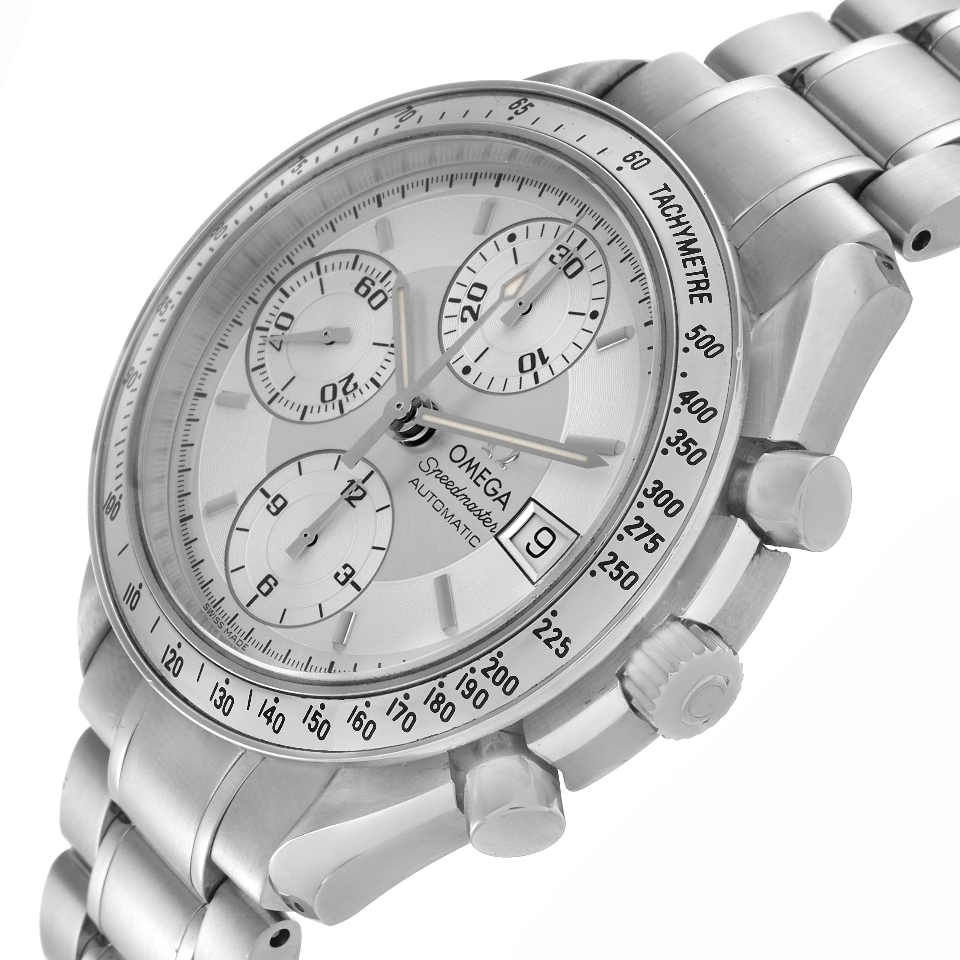 The Omega Speedmaster 3513.30.00 Men's Stainless Steel Silver Dial 3513.30.00 Men's Stainless Steel Silver Dial watch is shown at an angled side view, highlighting the dial, bezel, subdials, crown, and bracelet.