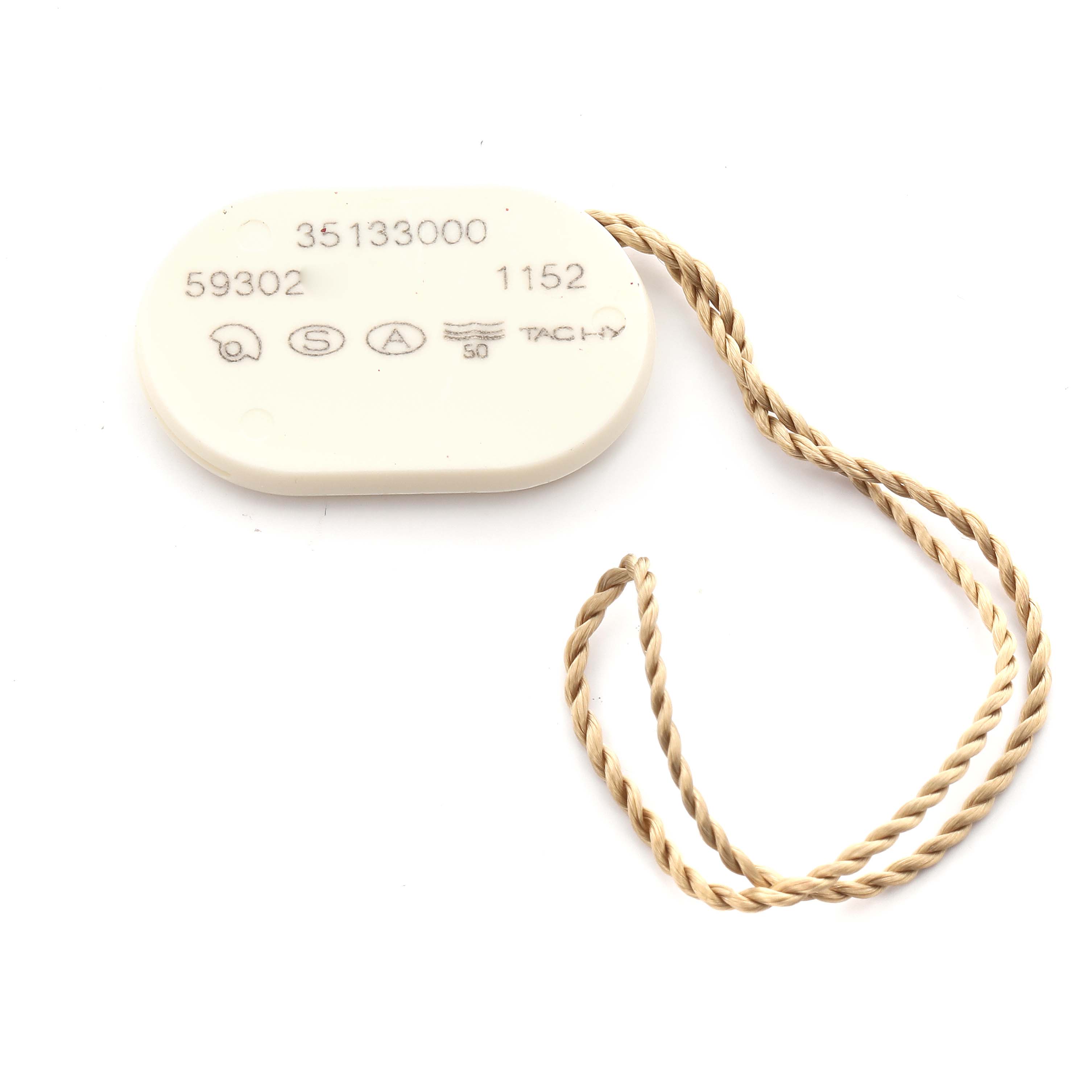 The image shows an Omega Speedmaster 3513.30.00 Men's Stainless Steel Silver Dial 3513.30.00 Men's Stainless Steel Silver Dial watch tag, featuring numbers and symbols, with a twisted string attached.