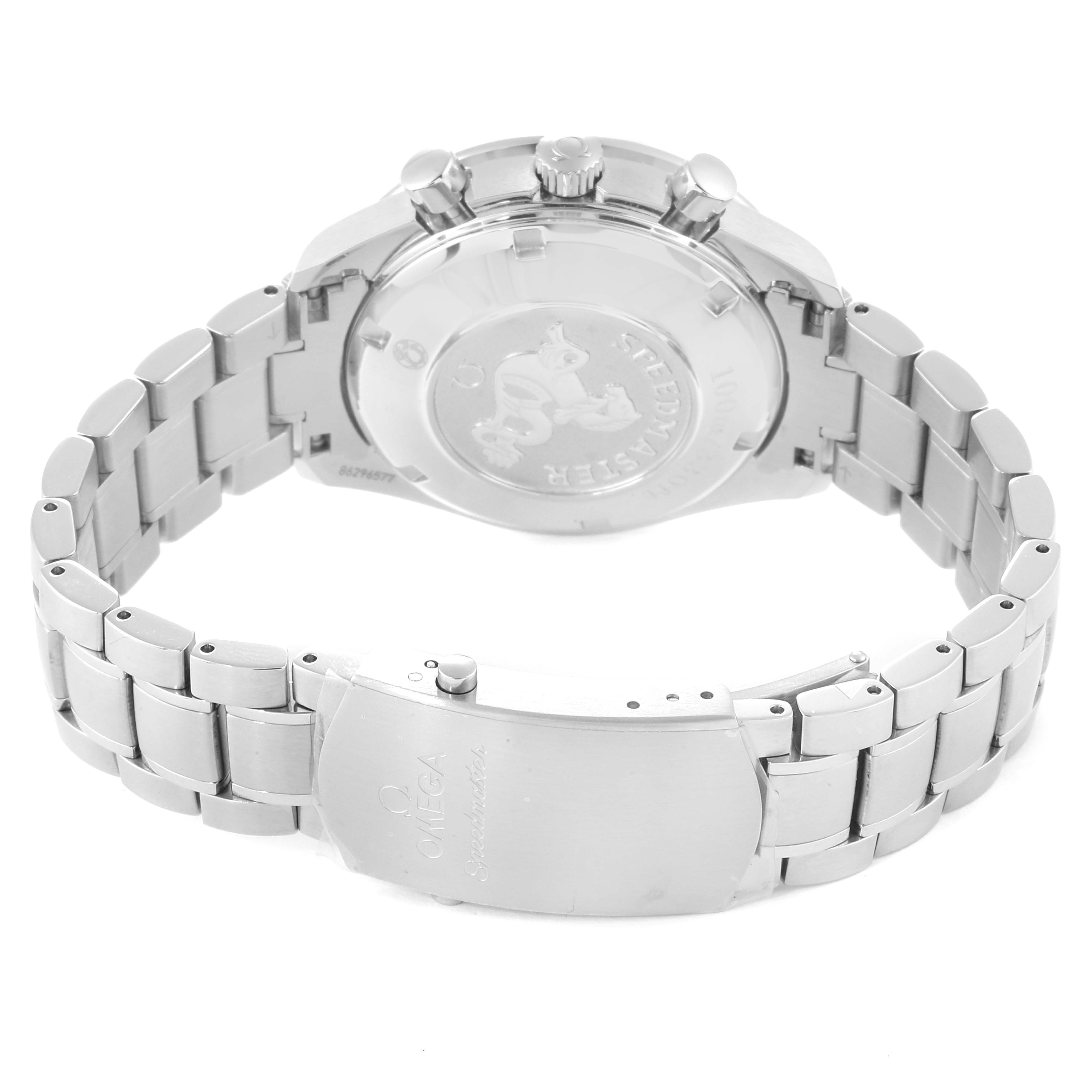 This image shows the back case and bracelet of the Omega Speedmaster 3220.50.00 Men
s Stainless Steel Black Dial 3220.50.00 Men
s Stainless Steel Black Dial watch, viewed from a rear angle.