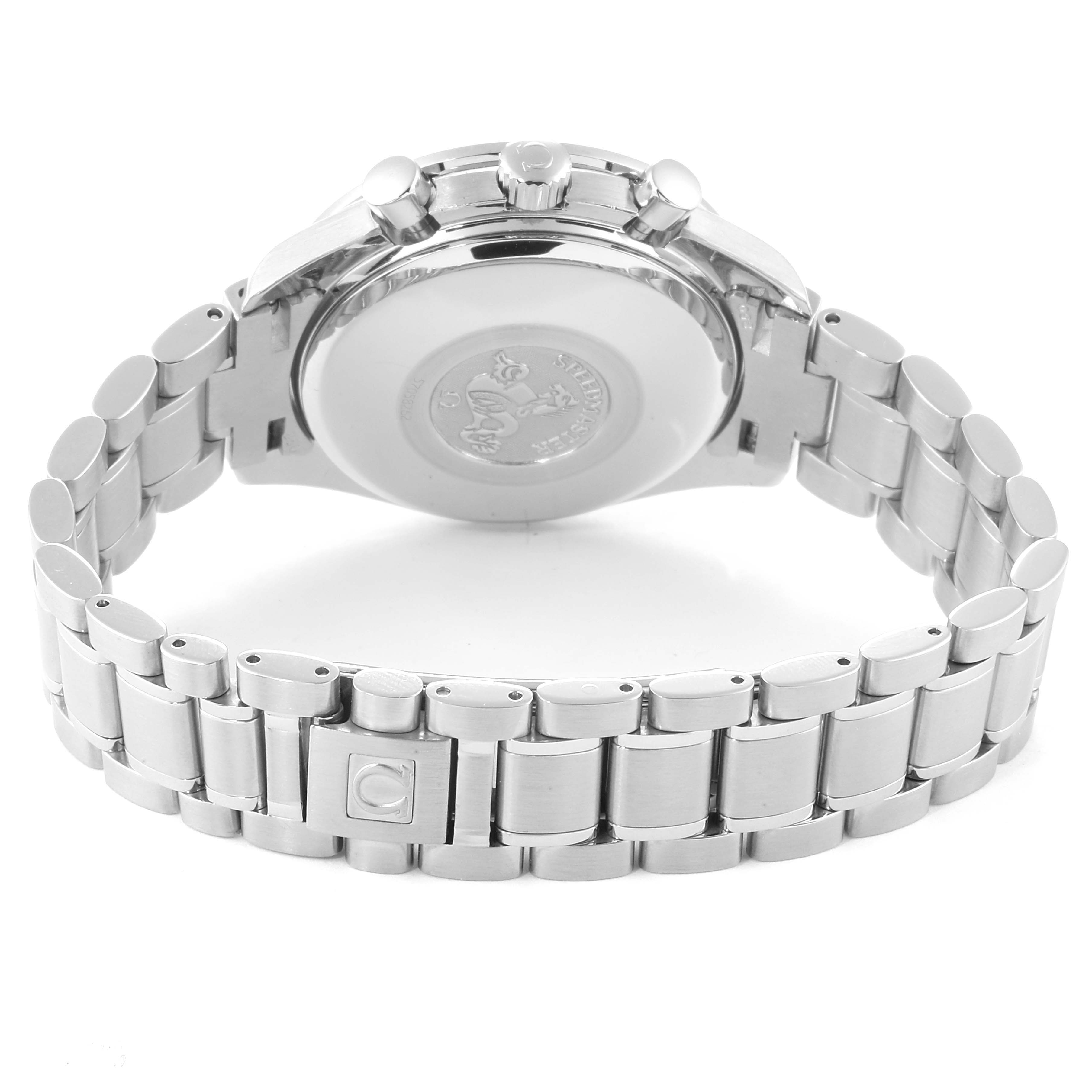 The image shows the back and bracelet of an Omega Speedmaster 3520.50.00 Men
s Stainless Steel Black Dial 3520.50.00 Men
s Stainless Steel Black Dial watch at a rear angle.