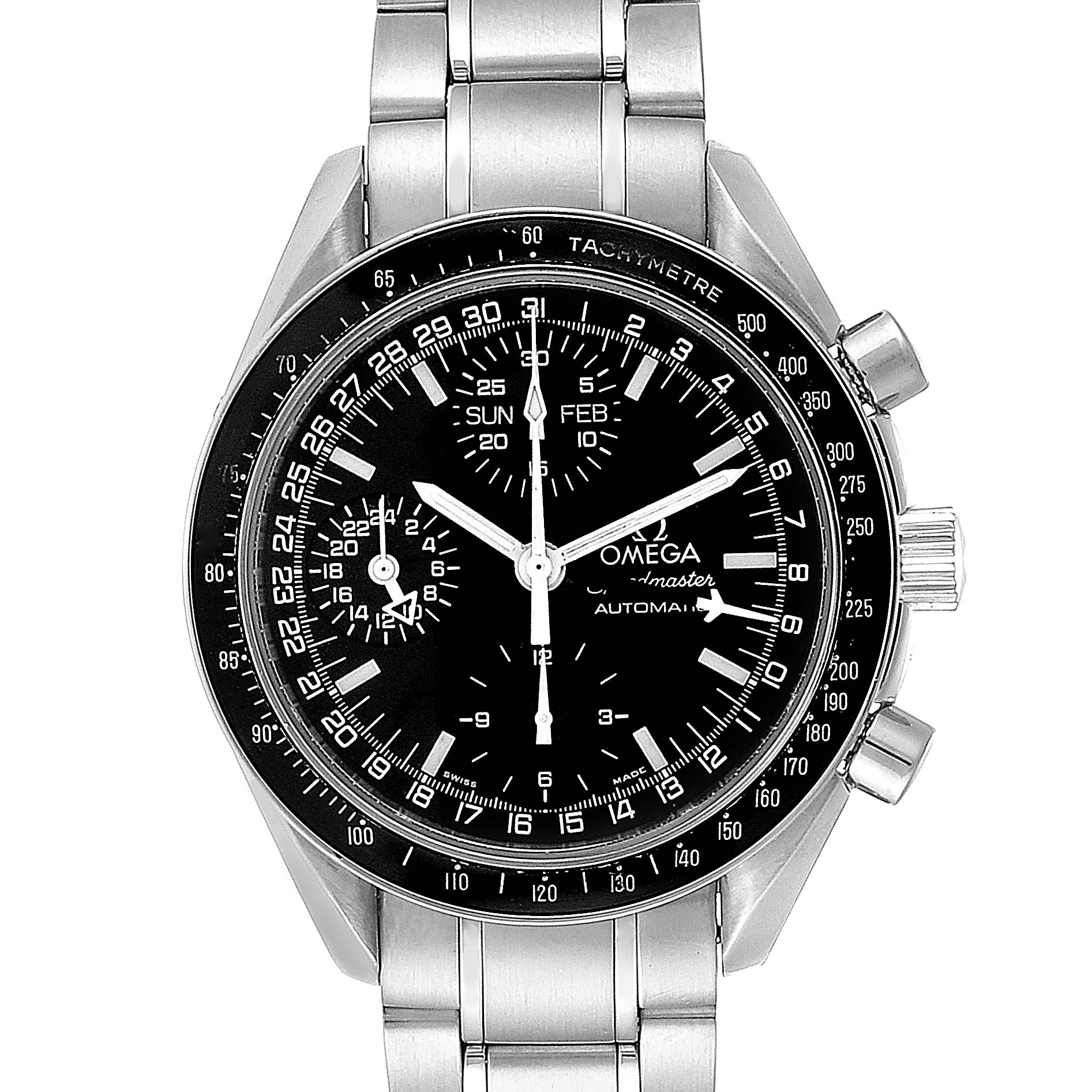 The image shows a front view of the Omega Speedmaster 3520.50.00 Men
s Stainless Steel Black Dial 3520.50.00 Men
s Stainless Steel Black Dial watch displaying its dial, chronograph subdials, and tachymeter bezel.