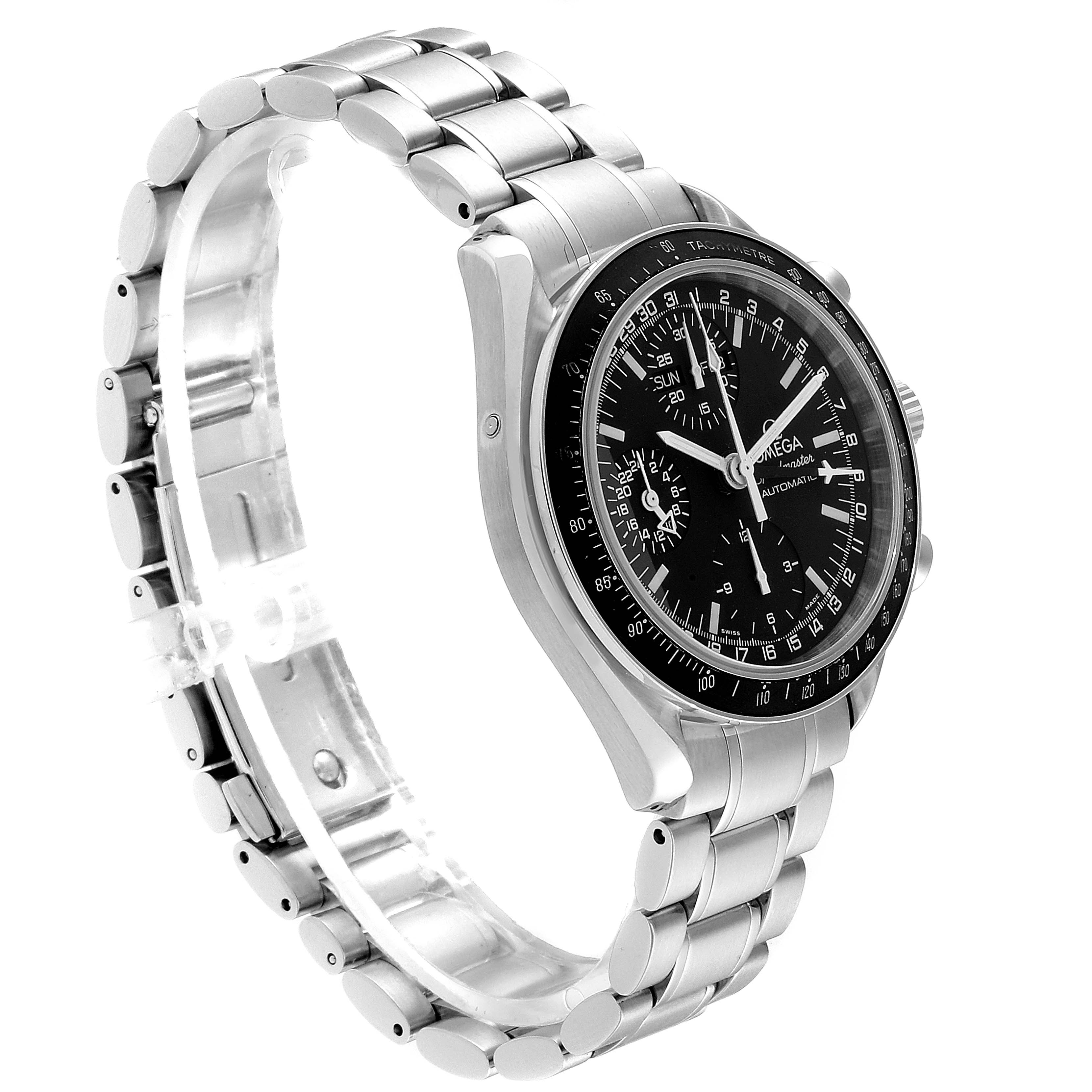 The image shows a side angle of an Omega Speedmaster 3520.50.00 Men
s Stainless Steel Black Dial 3520.50.00 Men
s Stainless Steel Black Dial watch, highlighting its black dial, tachymeter bezel, and stainless steel bracelet.