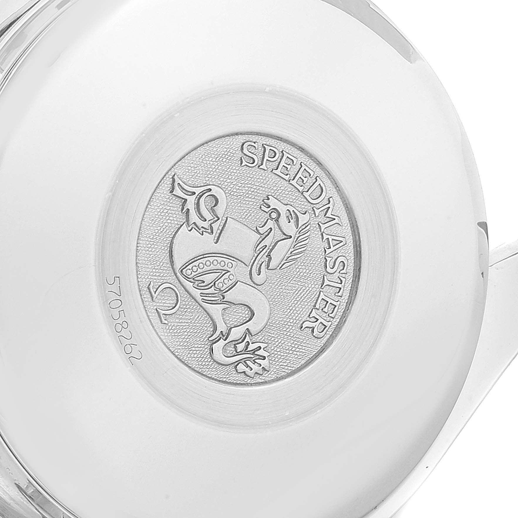 The image shows the case back of an Omega Speedmaster 3520.50.00 Men
s Stainless Steel Black Dial 3520.50.00 Men
s Stainless Steel Black Dial watch, featuring the Speedmaster logo and serial number.