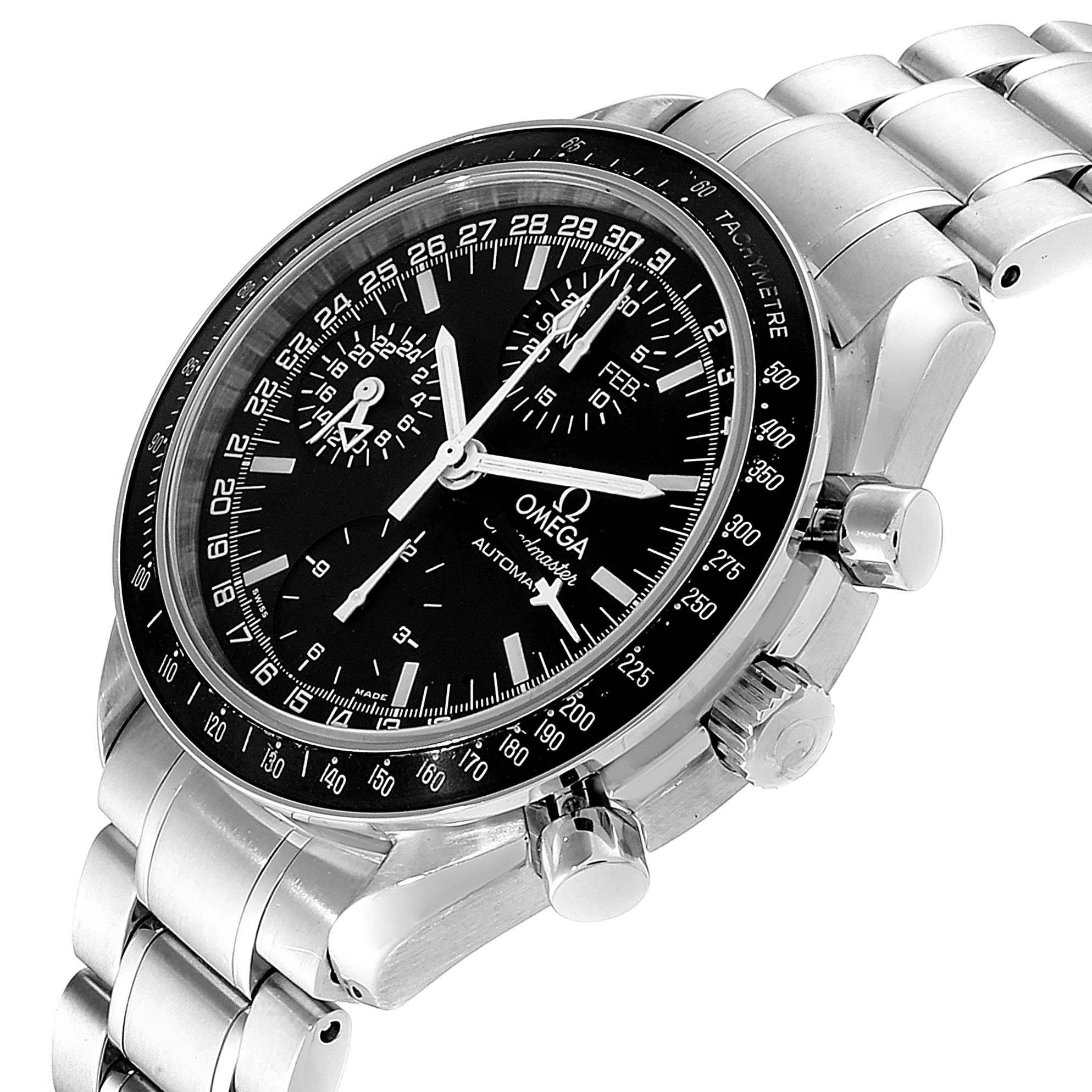 This image shows a close-up, angled view of an Omega Speedmaster 3520.50.00 Men
s Stainless Steel Black Dial 3520.50.00 Men
s Stainless Steel Black Dial, focusing on the dial, bezel, and bracelet.