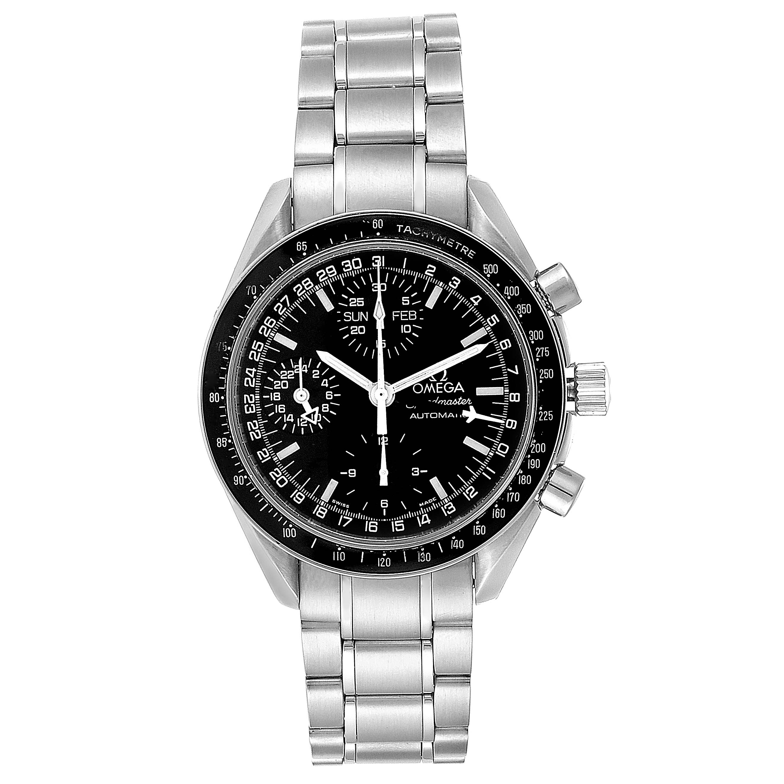 The image shows a front view of an Omega Speedmaster 3520.50.00 Men
s Stainless Steel Black Dial 3520.50.00 Men
s Stainless Steel Black Dial watch, featuring its black dial and stainless steel bracelet.
