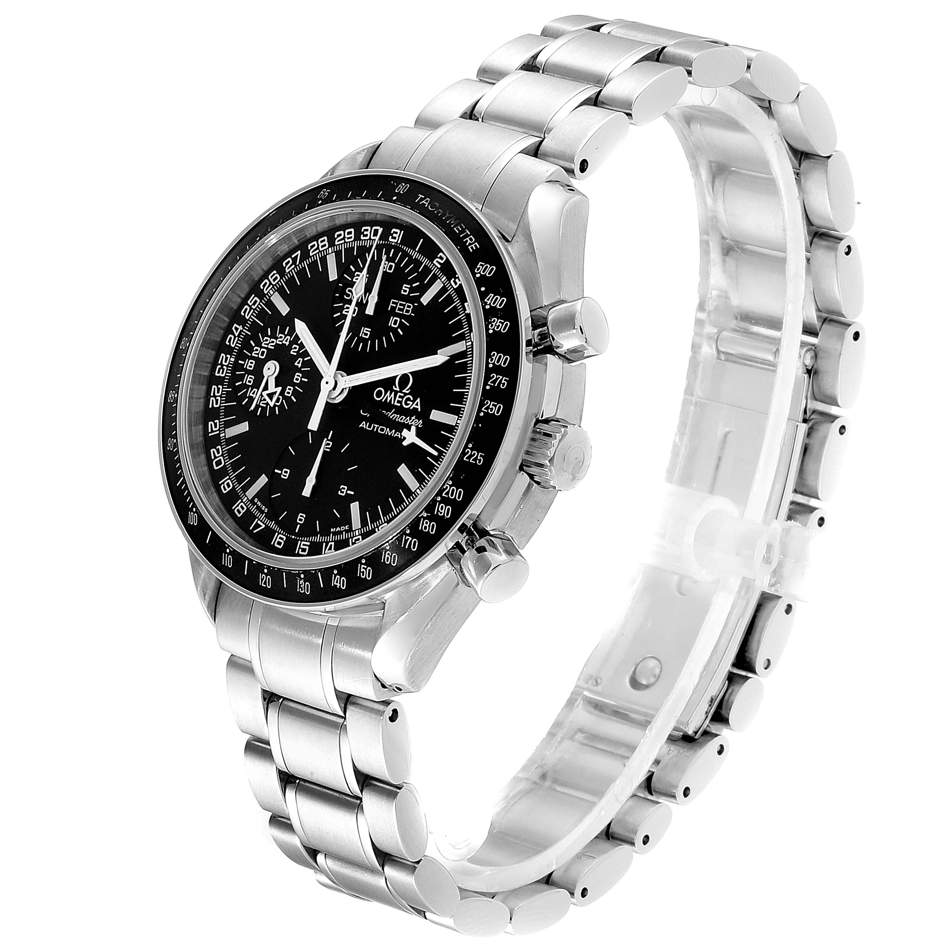 The image shows a side angle of the Omega Speedmaster 3520.50.00 Men
s Stainless Steel Black Dial 3520.50.00 Men
s Stainless Steel Black Dial watch, highlighting its black dial, tachymeter bezel, and stainless steel bracelet.