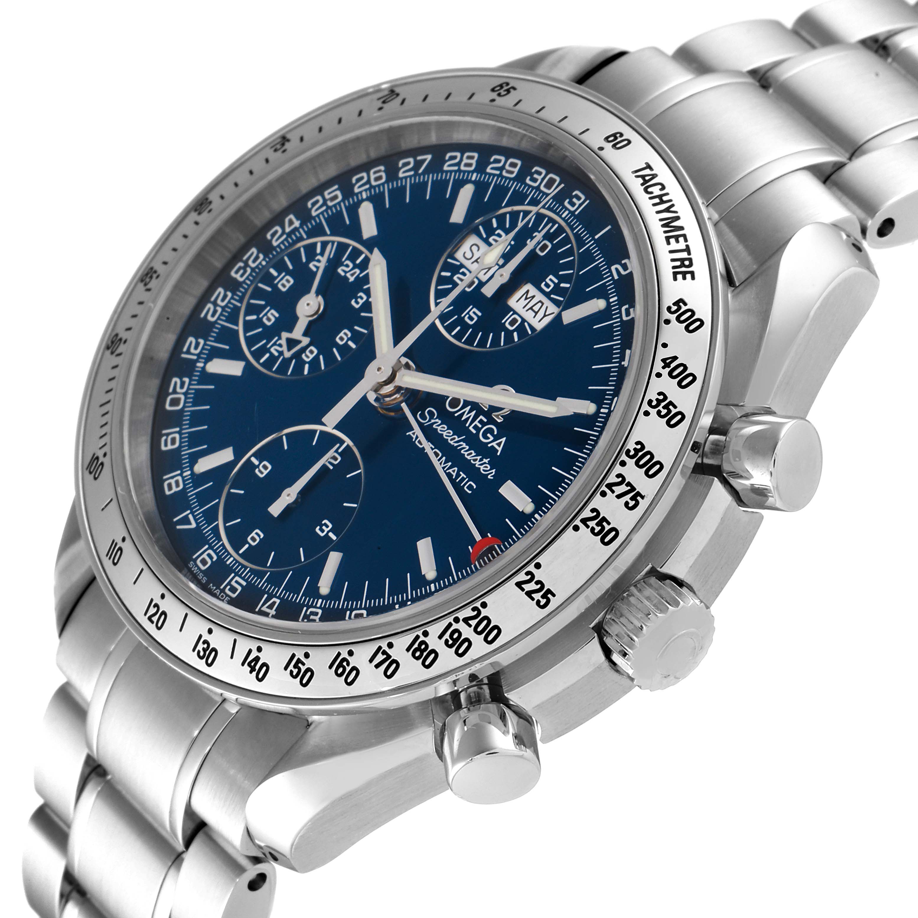The Omega Speedmaster 3523.80.00 Men
s Stainless Steel Blue Dial 3523.80.00 Men
s Stainless Steel Blue Dial watch is shown at an angled view focusing on the dial, bezel, and part of the bracelet.