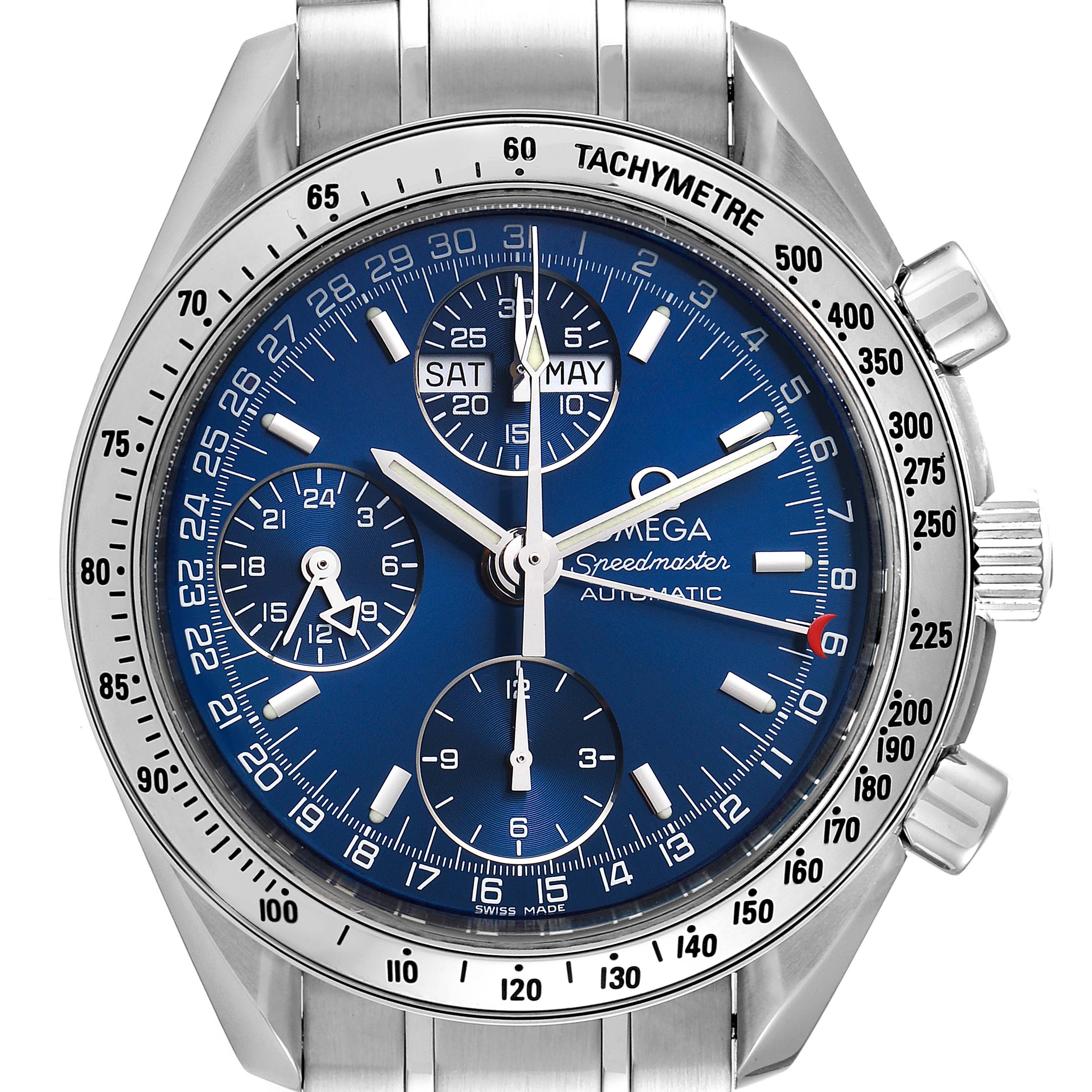 This image shows a front view of the Omega Speedmaster 3523.80.00 Men
s Stainless Steel Blue Dial 3523.80.00 Men
s Stainless Steel Blue Dial watch, highlighting its dial, subdials, tachymeter, and crown.