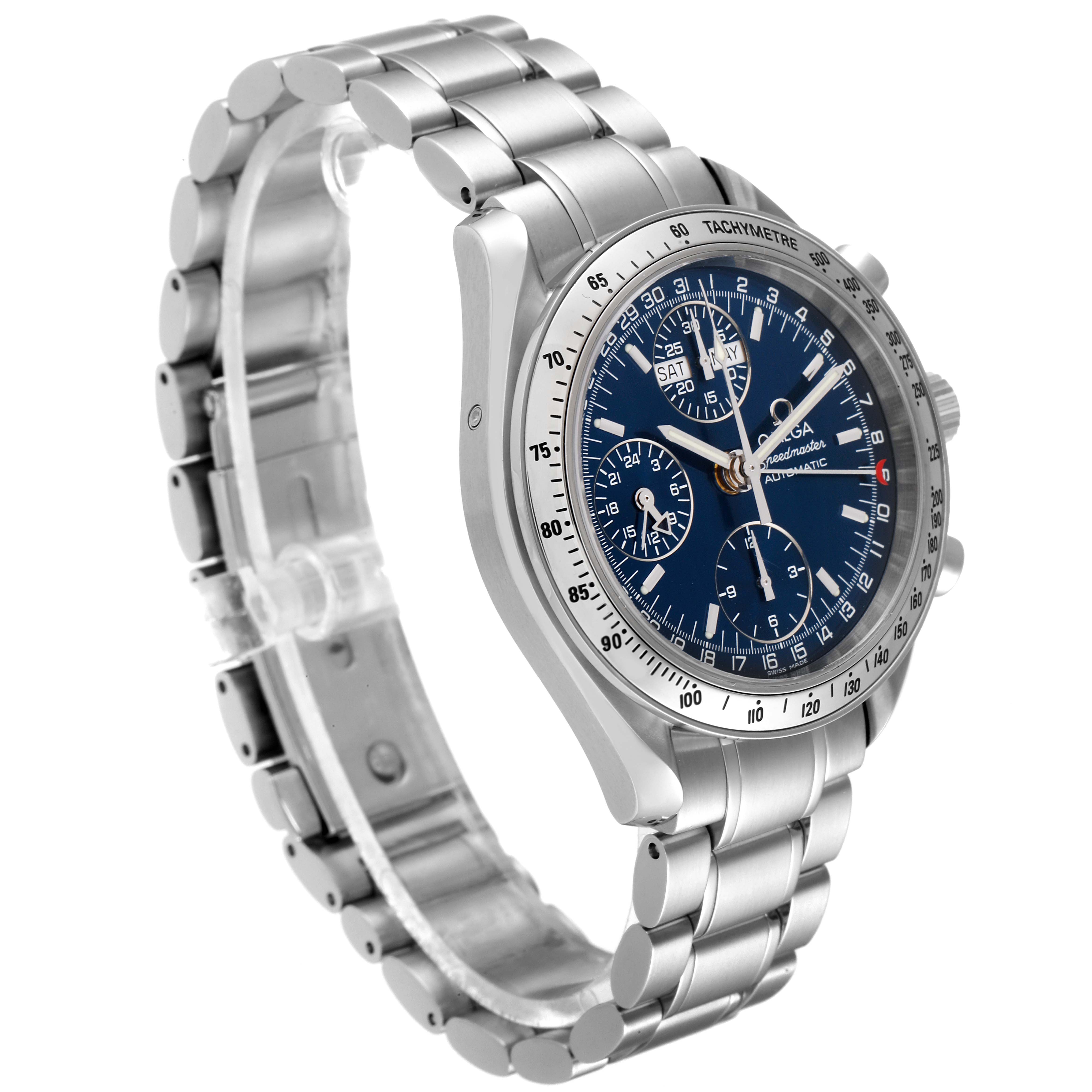 This image shows the Omega Speedmaster 3523.80.00 Men
s Stainless Steel Blue Dial 3523.80.00 Men
s Stainless Steel Blue Dial watch at a three-quarter view, highlighting the dial, bezel, and bracelet.