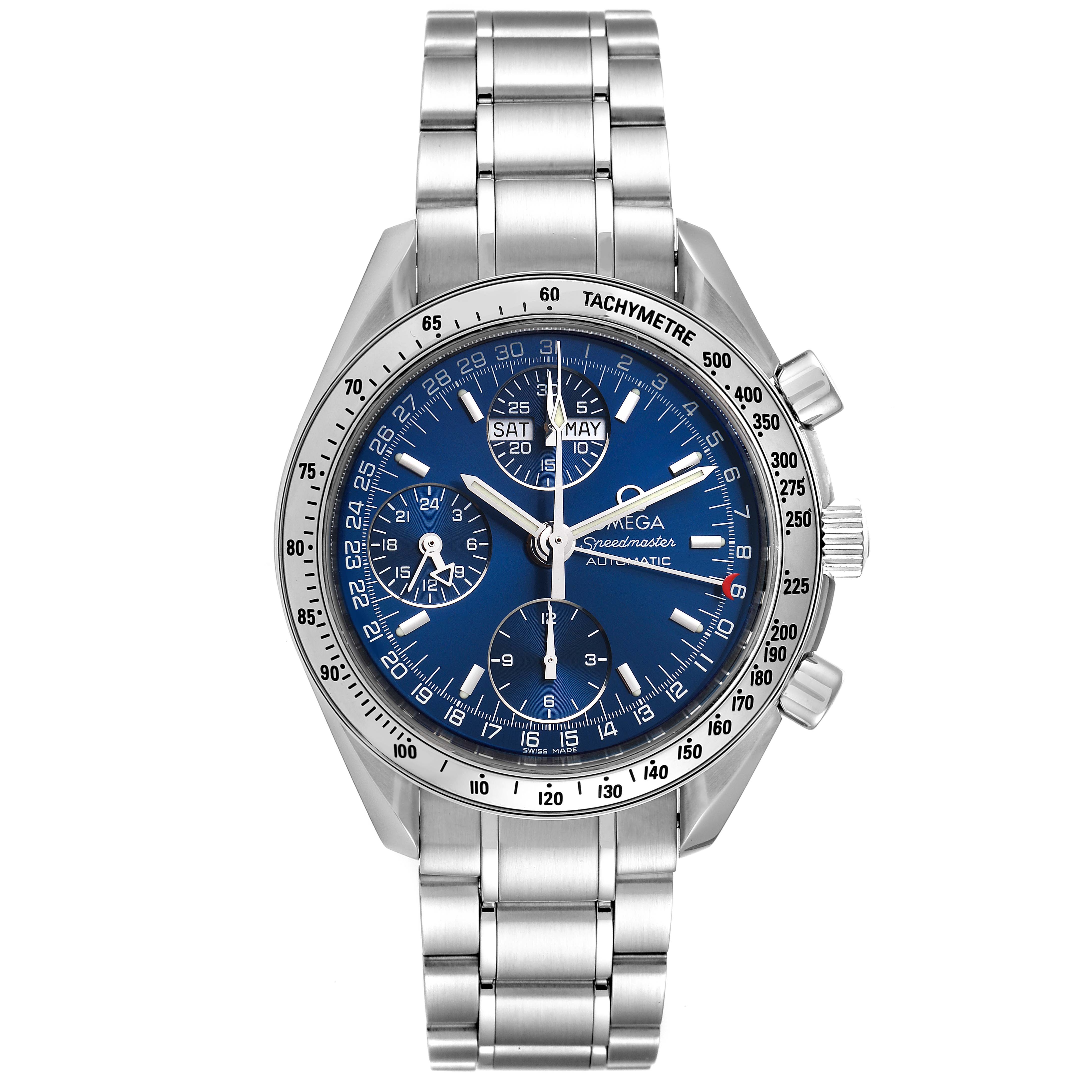 The image shows a front view of the Omega Speedmaster 3523.80.00 Men
s Stainless Steel Blue Dial 3523.80.00 Men
s Stainless Steel Blue Dial watch with a blue dial and metal bracelet.