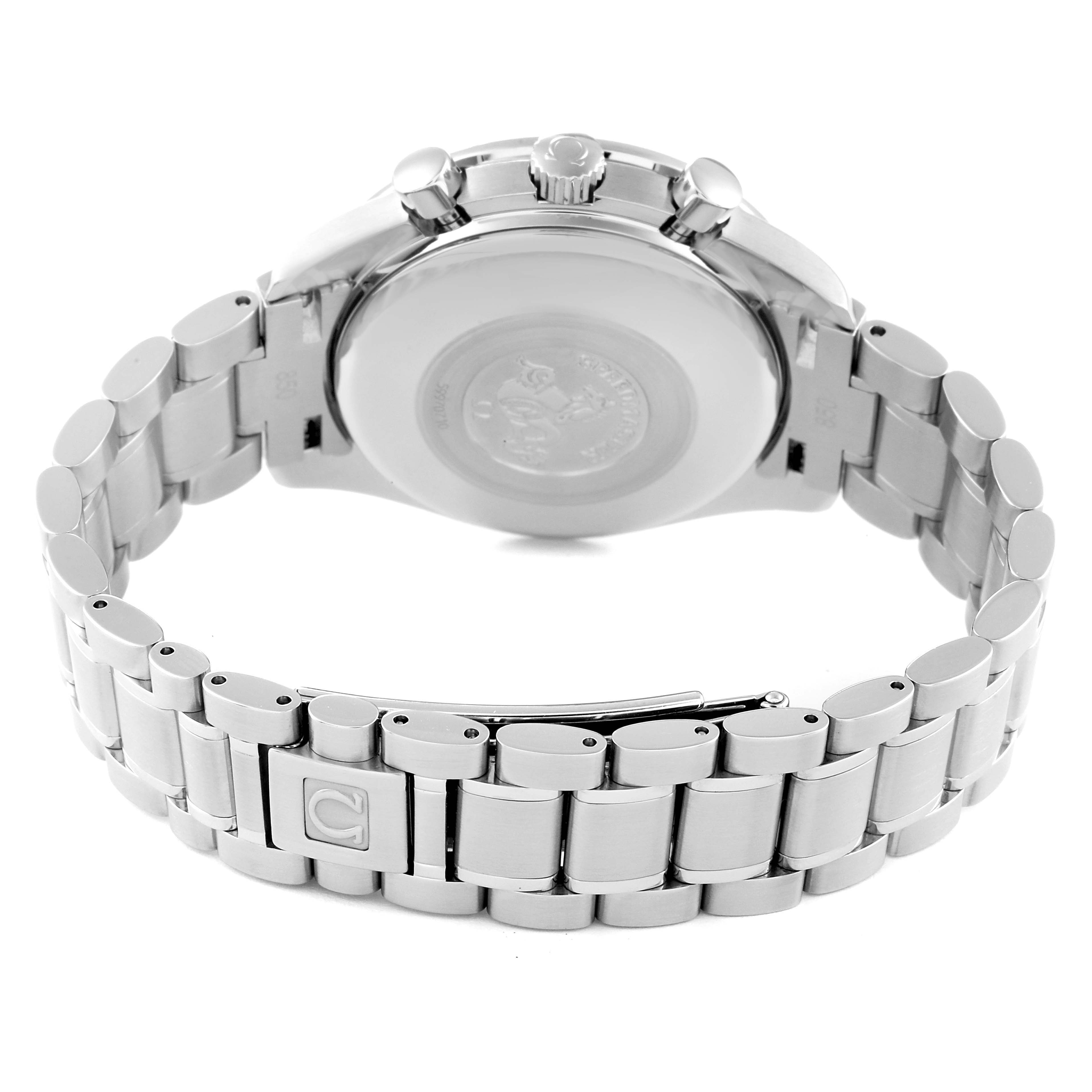 The image shows the back case and bracelet of an Omega Speedmaster 3523.80.00 Men
s Stainless Steel Blue Dial 3523.80.00 Men
s Stainless Steel Blue Dial watch taken from a rear angle.