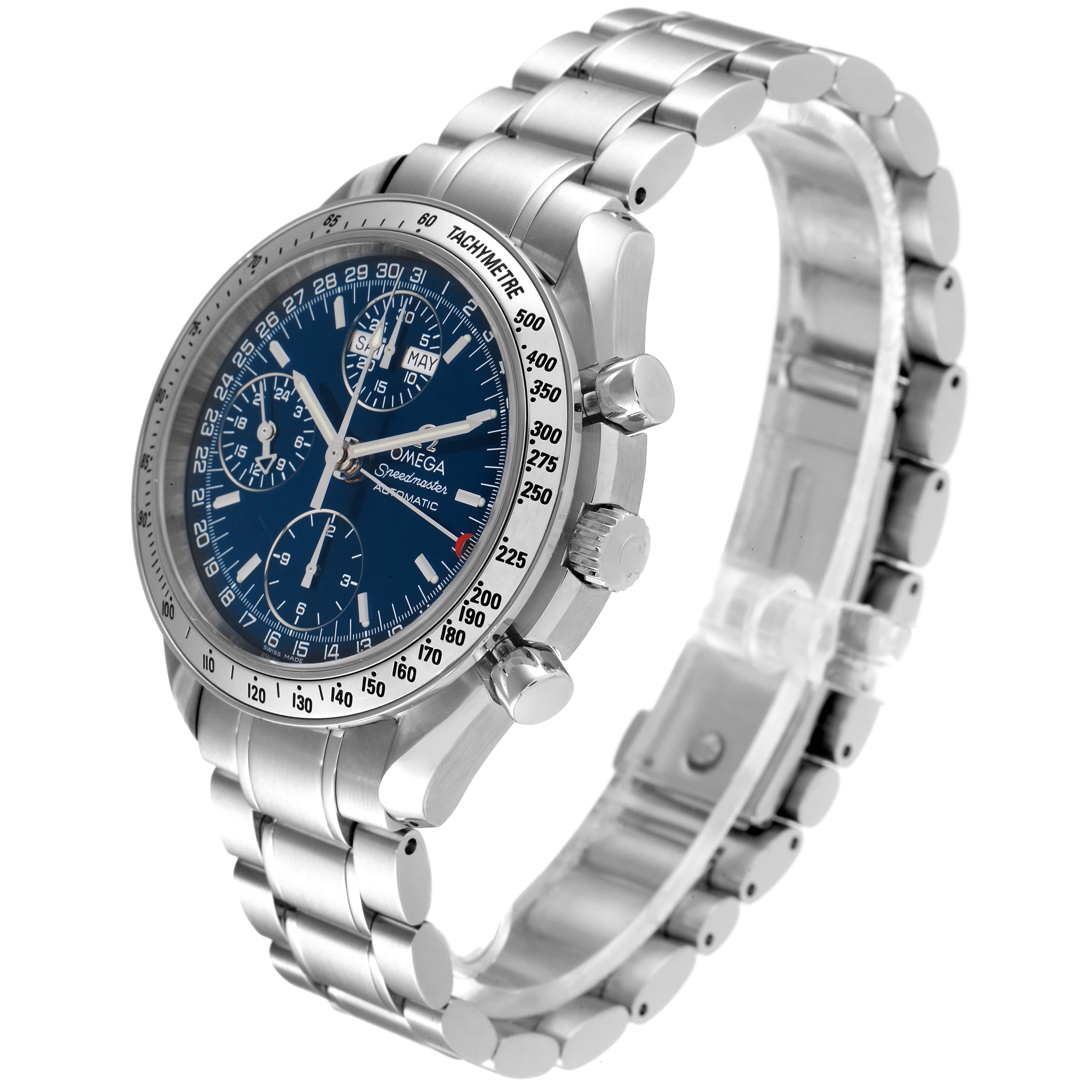 The Omega Speedmaster 3523.80.00 Men
s Stainless Steel Blue Dial 3523.80.00 Men
s Stainless Steel Blue Dial watch is shown from a three-quarter angle, displaying the face, bezel, pushers, and bracelet.