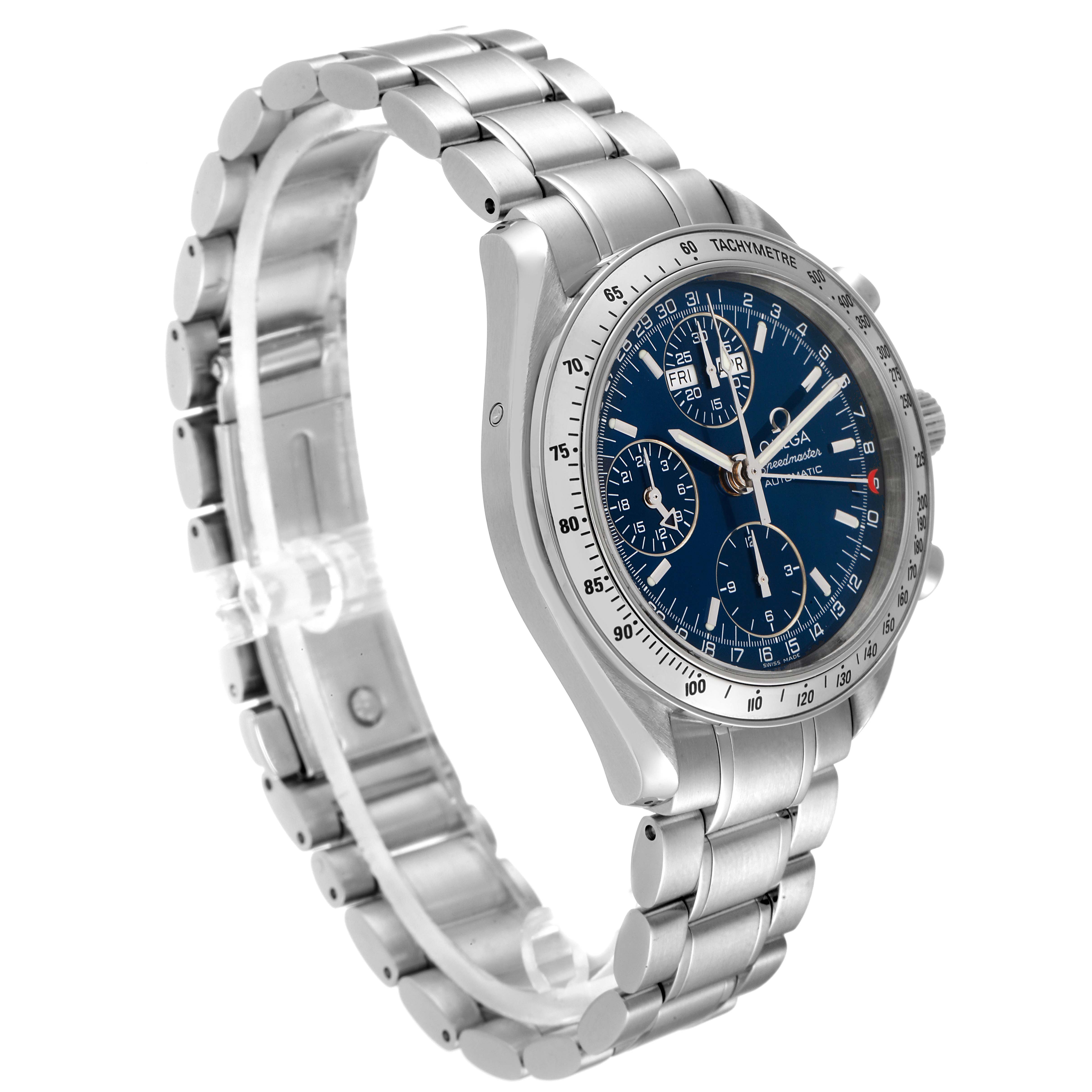 The image shows an Omega Speedmaster 3523.80.00 Men
s Stainless Steel Blue Dial 3523.80.00 Men
s Stainless Steel Blue Dial watch from a front-side angle, highlighting its metal bracelet and detailed blue dial.