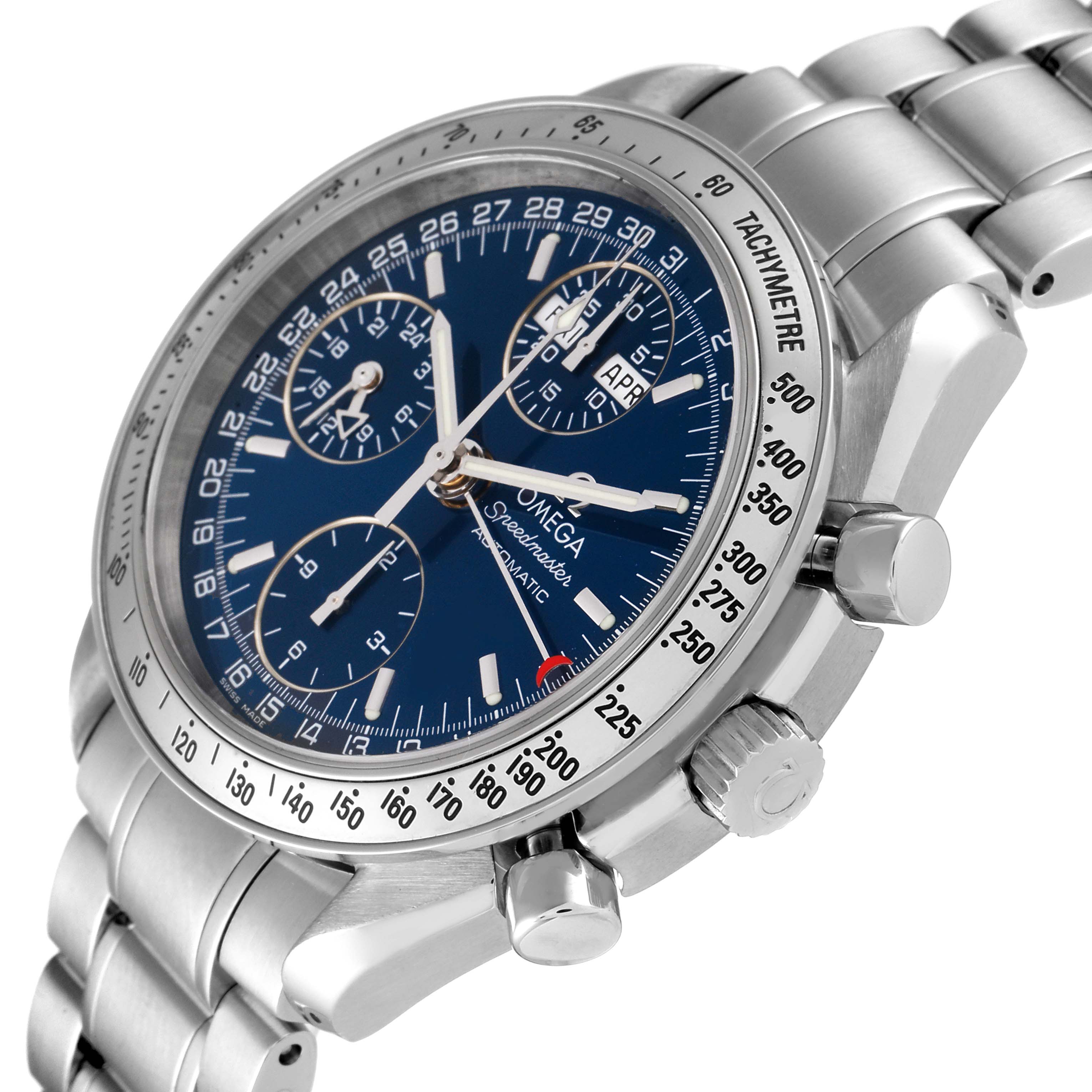The image shows a close-up angle of an Omega Speedmaster 3523.80.00 Men
s Stainless Steel Blue Dial 3523.80.00 Men
s Stainless Steel Blue Dial watch, highlighting the face, sub-dials, bezel, and part of the bracelet.