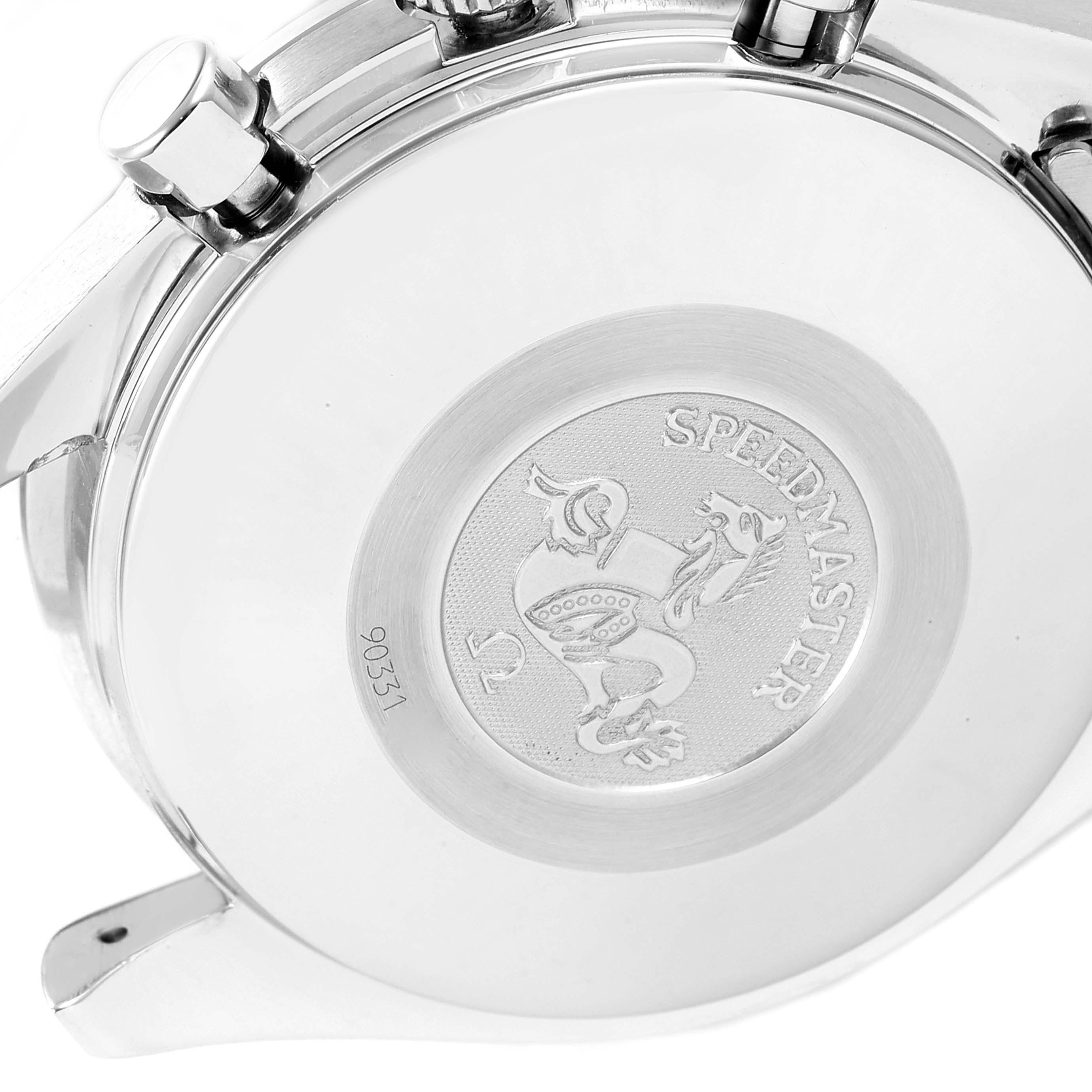 The image shows the back case of an Omega Speedmaster 3523.80.00 Men
s Stainless Steel Blue Dial 3523.80.00 Men
s Stainless Steel Blue Dial watch with its emblem and some of the side buttons.