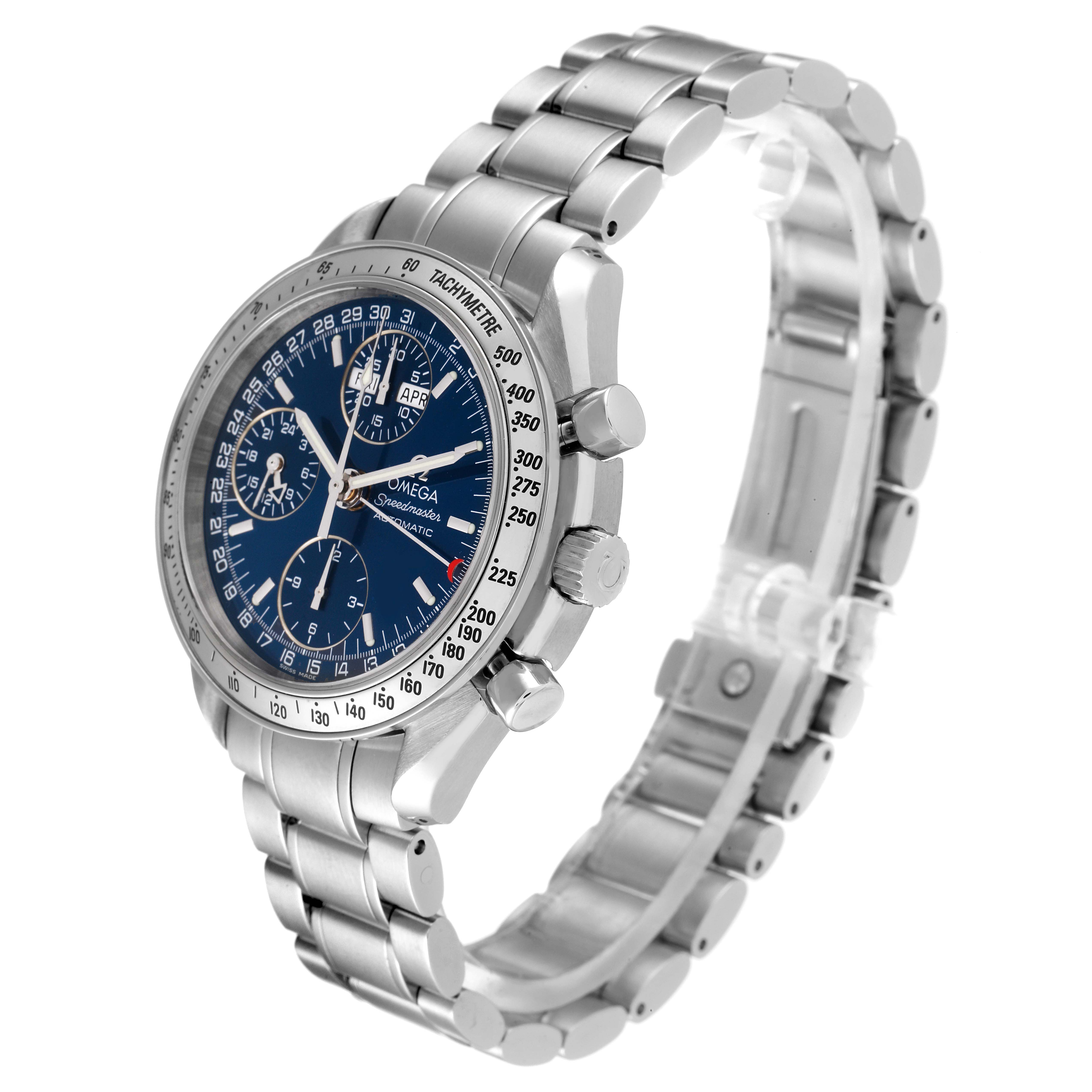 The Omega Speedmaster 3523.80.00 Men
s Stainless Steel Blue Dial 3523.80.00 Men
s Stainless Steel Blue Dial watch is shown at a three-quarter angle, displaying its stainless steel band, chronograph dials, and tachymeter bezel.