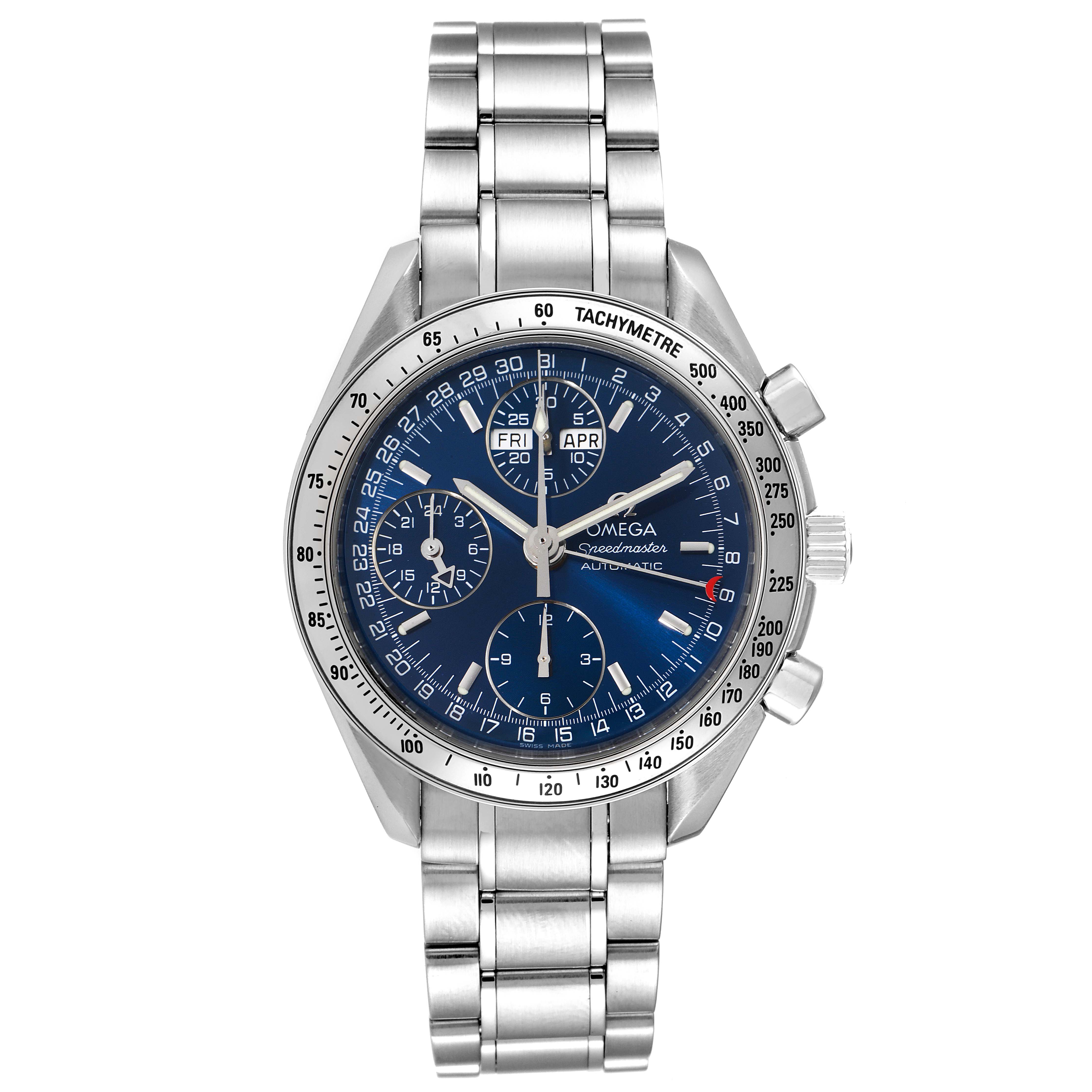 The image shows a frontal view of an Omega Speedmaster 3523.80.00 Men
s Stainless Steel Blue Dial 3523.80.00 Men
s Stainless Steel Blue Dial watch featuring a metal bracelet and a blue dial with multiple subdials.
