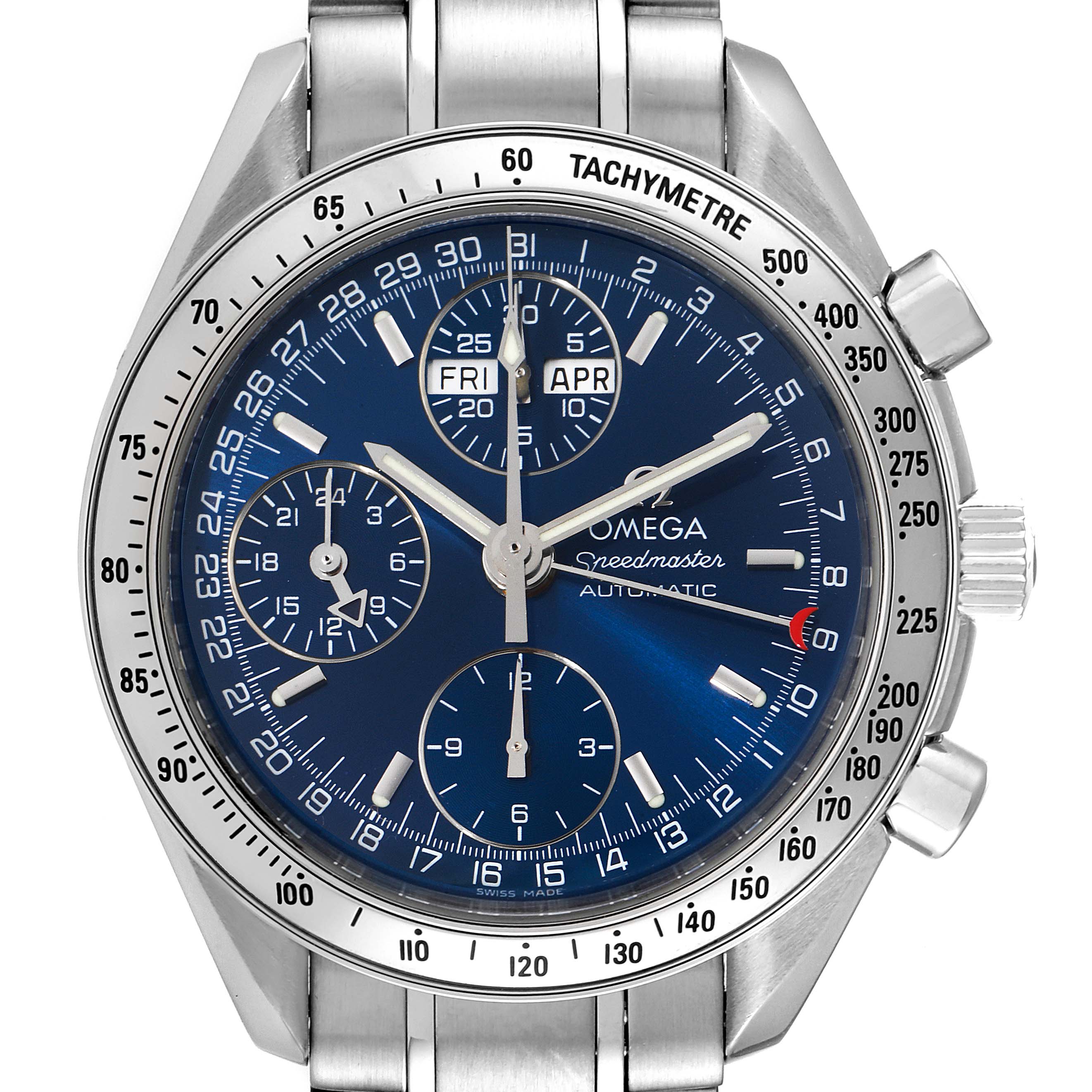 This image shows a front view of the Omega Speedmaster 3523.80.00 Men
s Stainless Steel Blue Dial 3523.80.00 Men
s Stainless Steel Blue Dial watch, highlighting the dial, sub-dials, bezel, and bracelet.