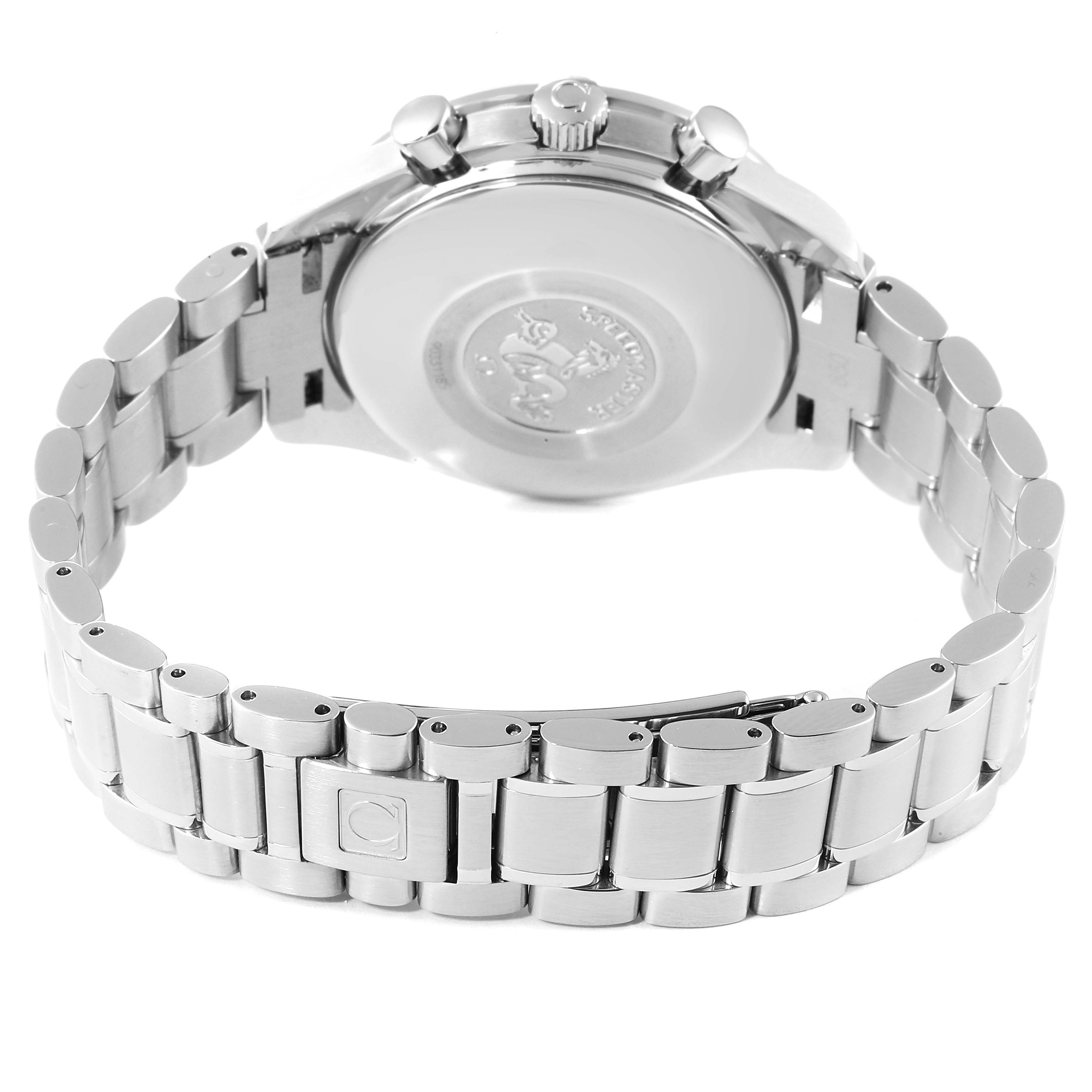 The image shows the back and bracelet of the Omega Speedmaster 3523.80.00 Men
s Stainless Steel Blue Dial 3523.80.00 Men
s Stainless Steel Blue Dial watch, highlighting the clasp and details on the case back.