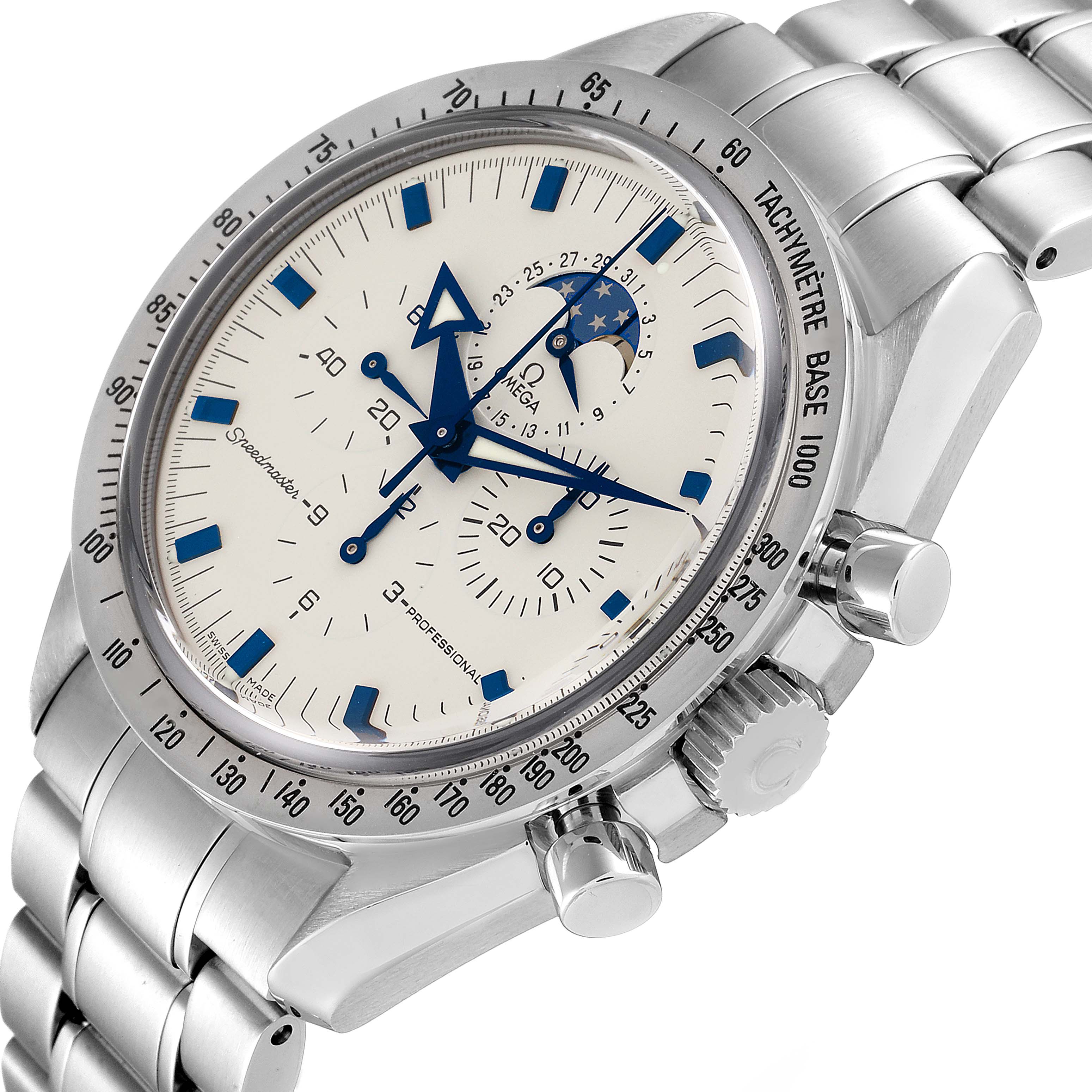 The image shows a close-up angle of the Omega Speedmaster 3575.20.00 Men
s Stainless Steel White Dial 3575.20.00 Men
s Stainless Steel White Dial watch, highlighting the dial, bezel, crown, and two pushers.