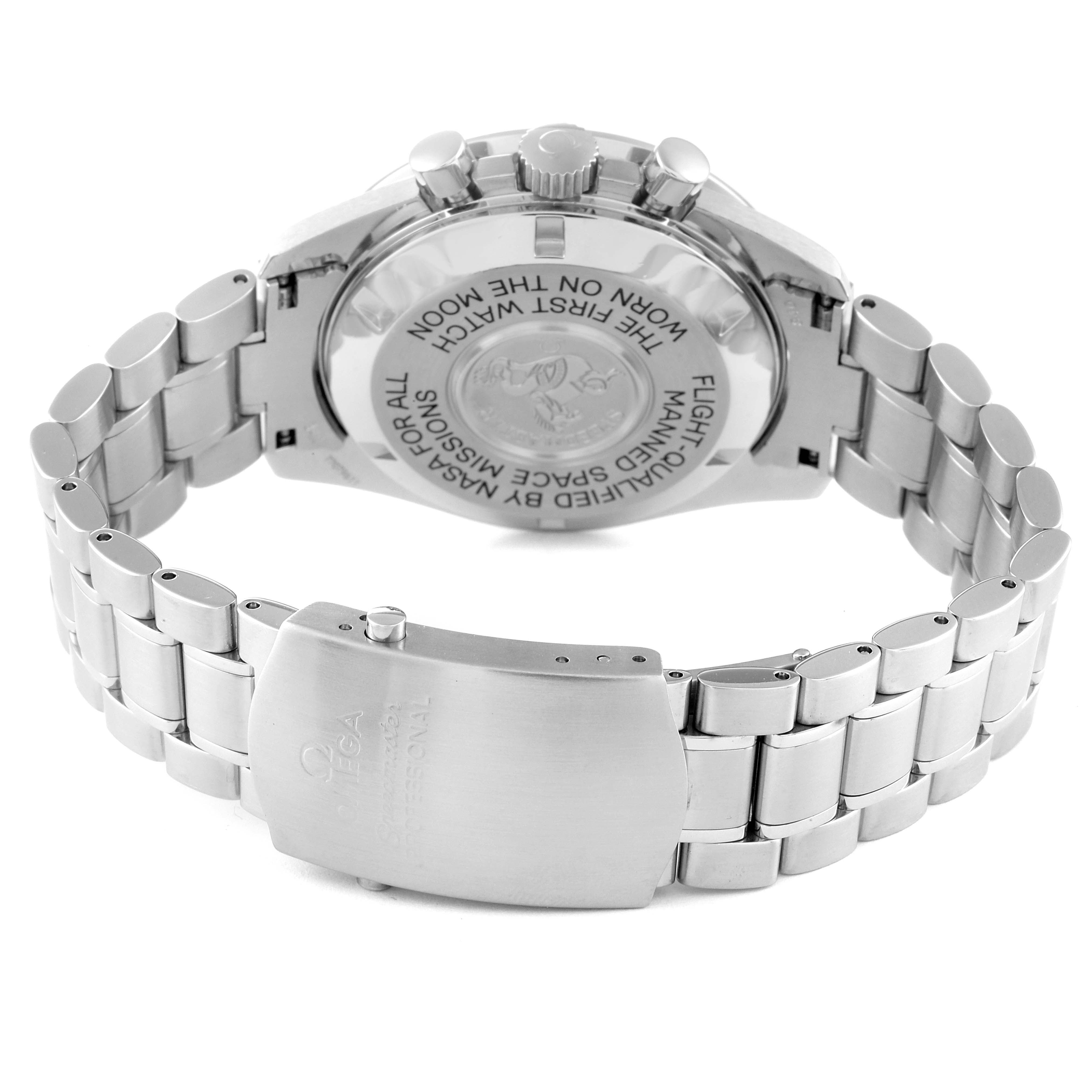 The image shows the back case and bracelet of the Omega Speedmaster 3575.20.00 Men
s Stainless Steel White Dial 3575.20.00 Men
s Stainless Steel White Dial watch from a rear angle.