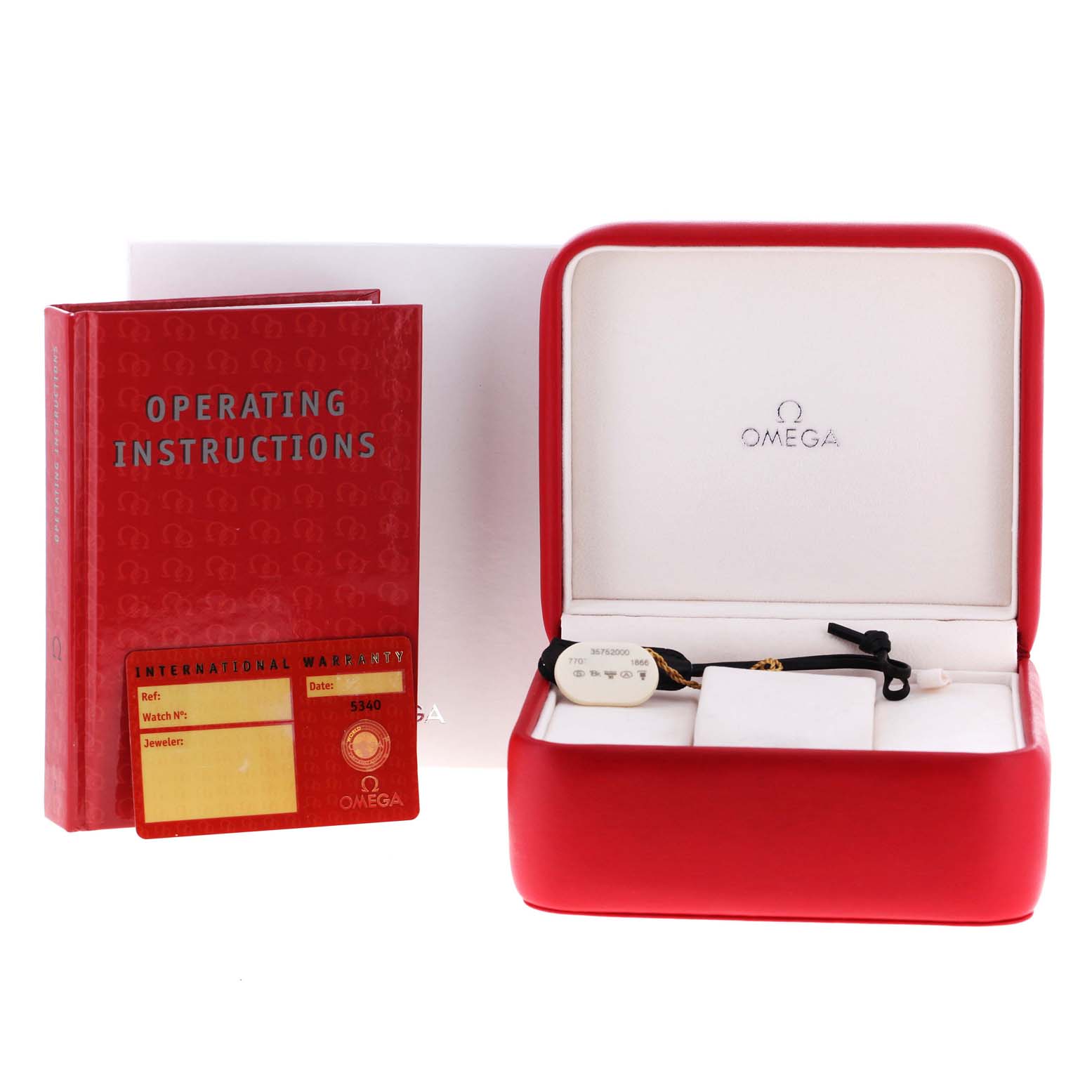 The image shows the Omega Speedmaster 3575.20.00 Men
s Stainless Steel White Dial 3575.20.00 Men
s Stainless Steel White Dial packaging, including the operating instructions, warranty card, and the watch box.