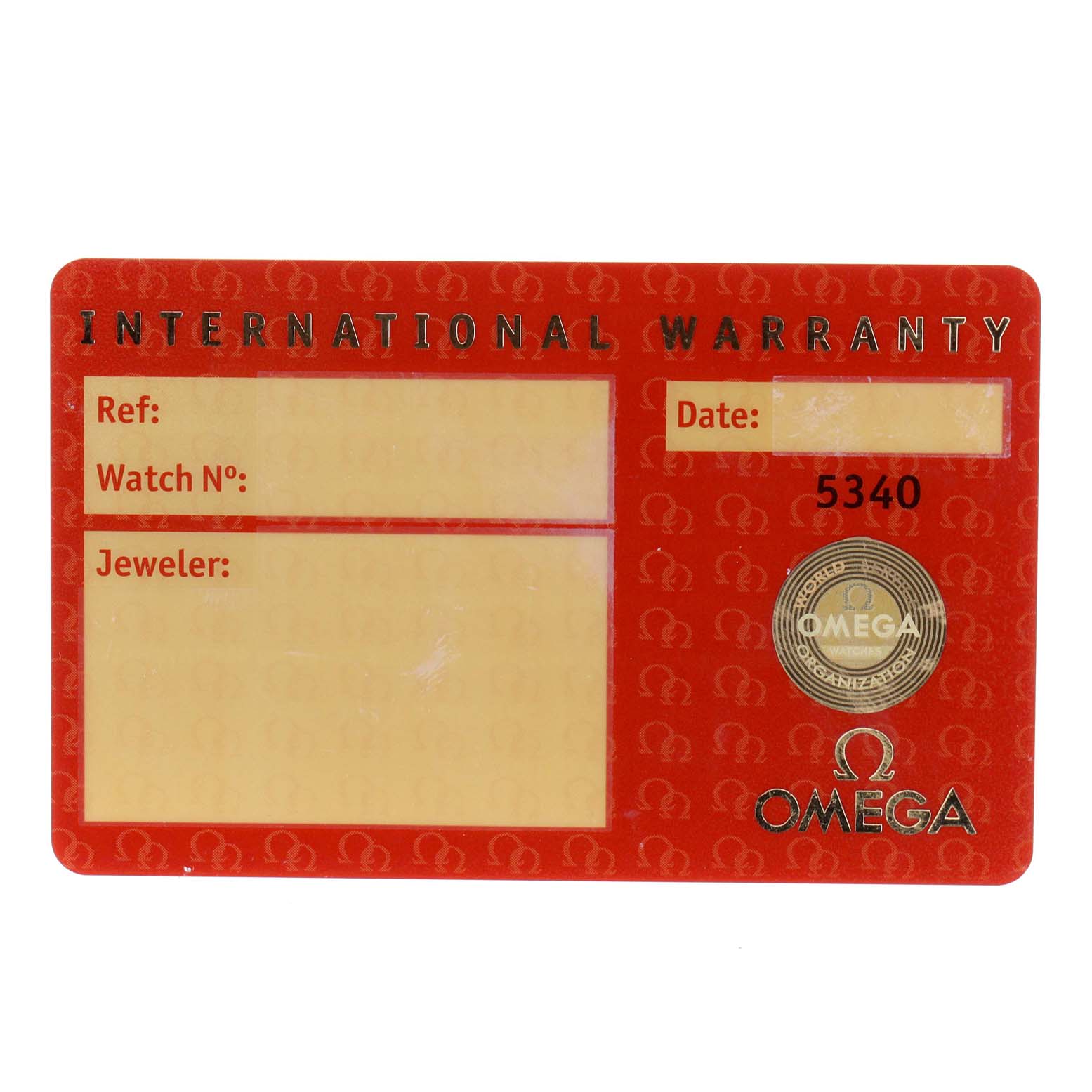 This image shows the international warranty card for the Omega Speedmaster 3575.20.00 Men
s Stainless Steel White Dial 3575.20.00 Men
s Stainless Steel White Dial watch model.