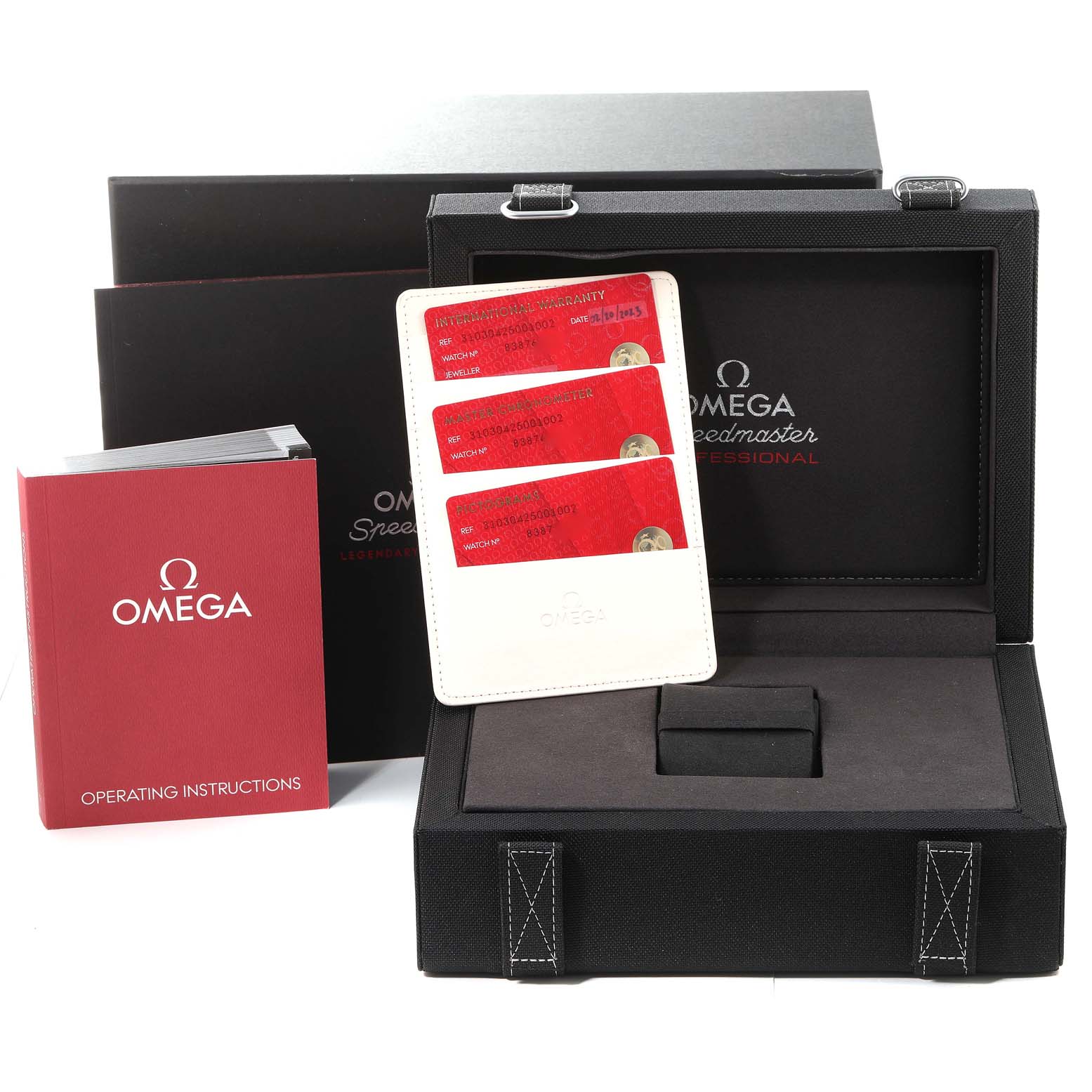 The image shows an Omega Speedmaster 310.30.42.50.01.002 Men's Stainless Steel Black Dial 310.30.42.50.01.002 Men's Stainless Steel Black Dial watch box, operating instructions, and warranty cards, viewed from the front.