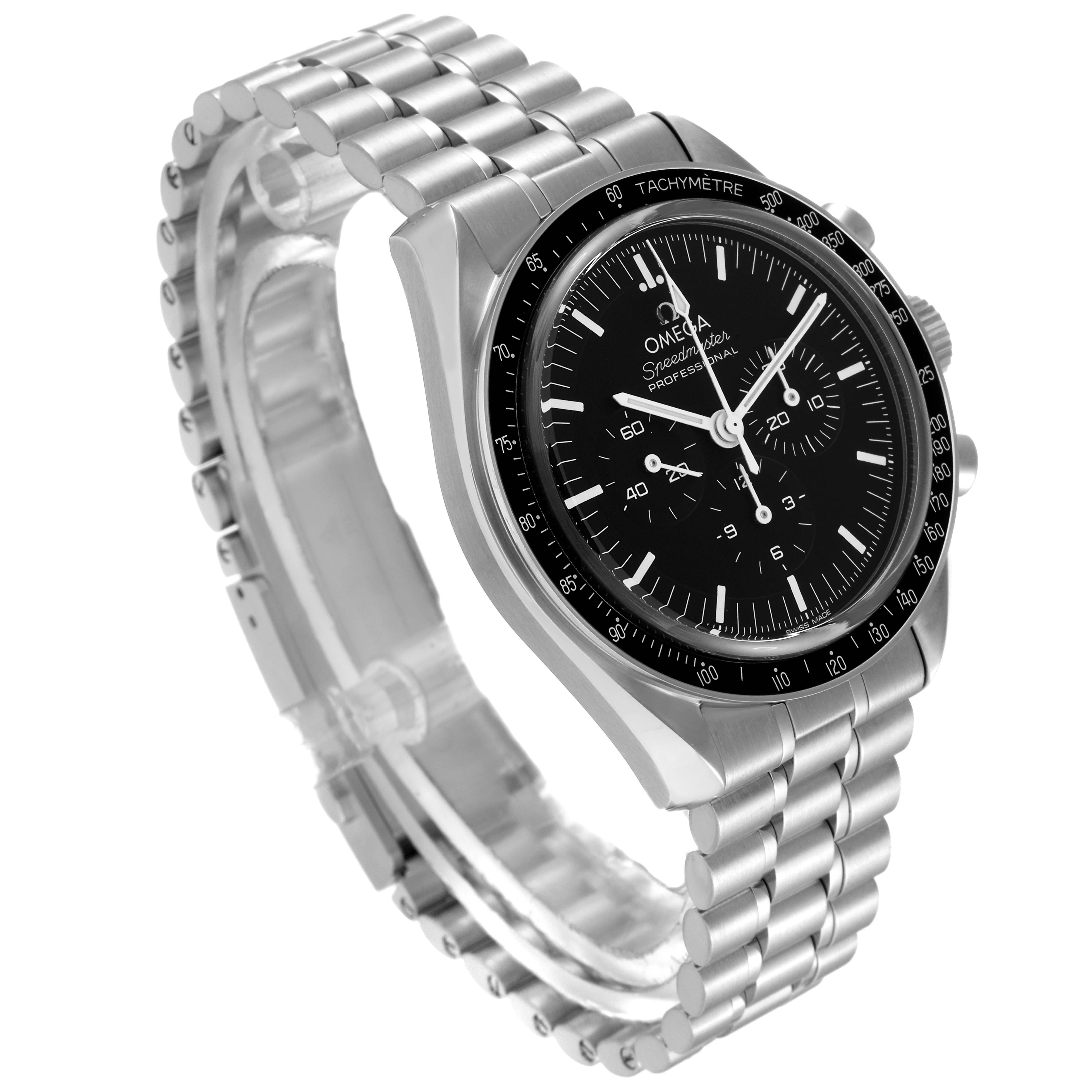 The image shows an Omega Speedmaster 310.30.42.50.01.002 Men's Stainless Steel Black Dial 310.30.42.50.01.002 Men's Stainless Steel Black Dial watch at a three-quarter angle, highlighting the face, bezel, and bracelet.