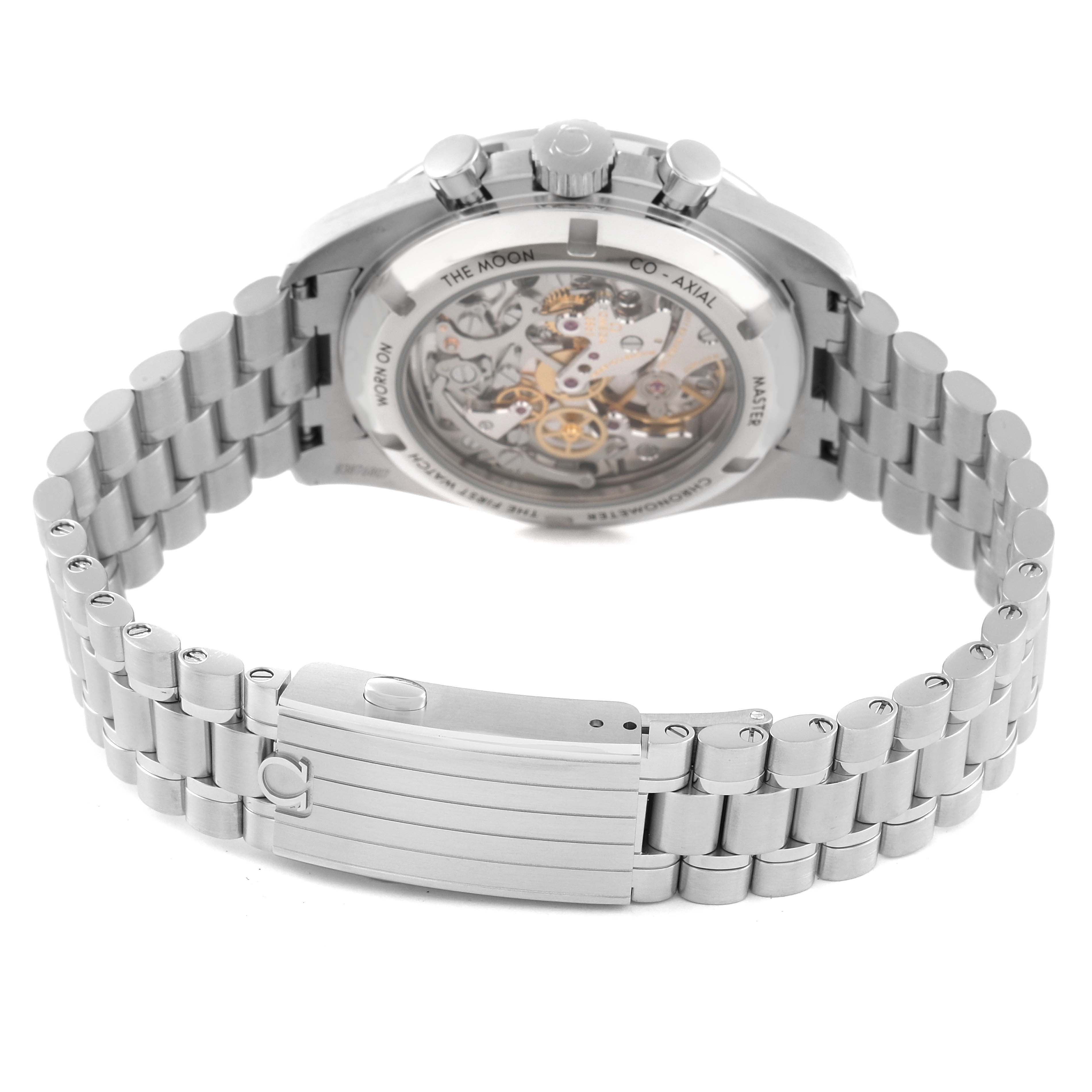 The image shows the back of an Omega Speedmaster 310.30.42.50.01.002 Men's Stainless Steel Black Dial 310.30.42.50.01.002 Men's Stainless Steel Black Dial, highlighting the transparent case back and metallic bracelet.