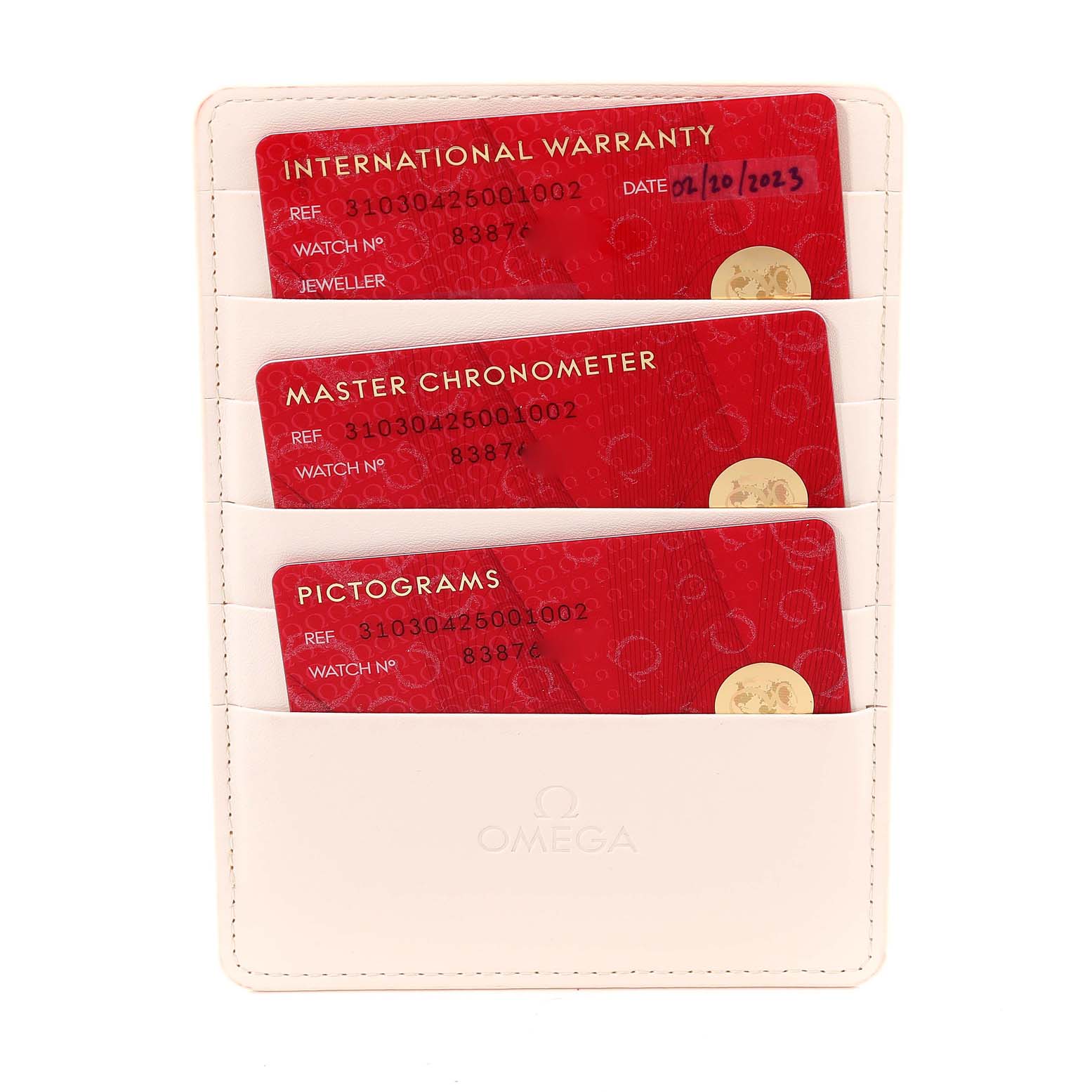 The image shows Omega Speedmaster 310.30.42.50.01.002 Men's Stainless Steel Black Dial 310.30.42.50.01.002 Men's Stainless Steel Black Dial watch warranty and certification cards placed in a holder, viewed from the front.