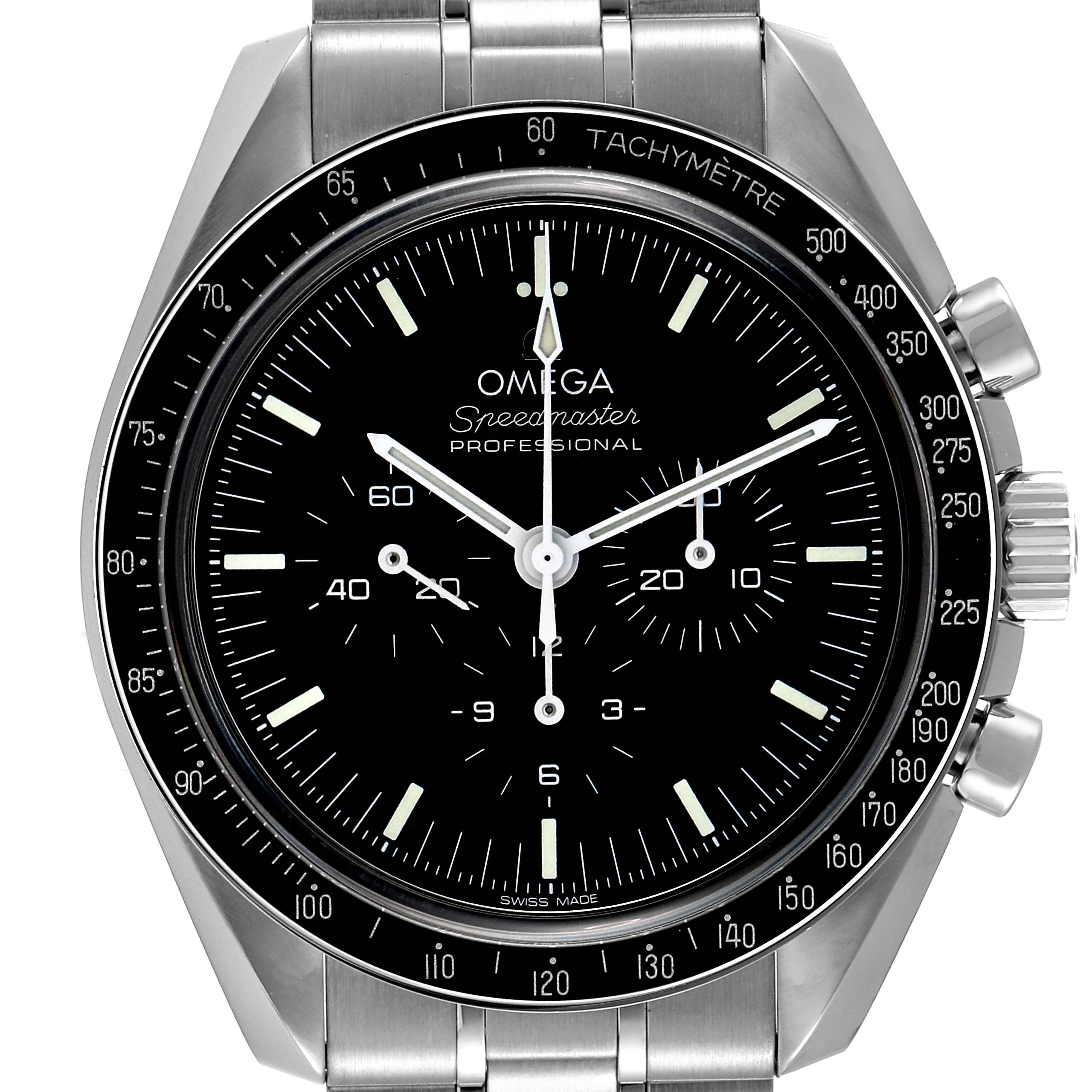 The image shows a front view of an Omega Speedmaster 310.30.42.50.01.002 Men's Stainless Steel Black Dial 310.30.42.50.01.002 Men's Stainless Steel Black Dial Professional watch, highlighting the dial, tachymeter, and part of the bracelet.