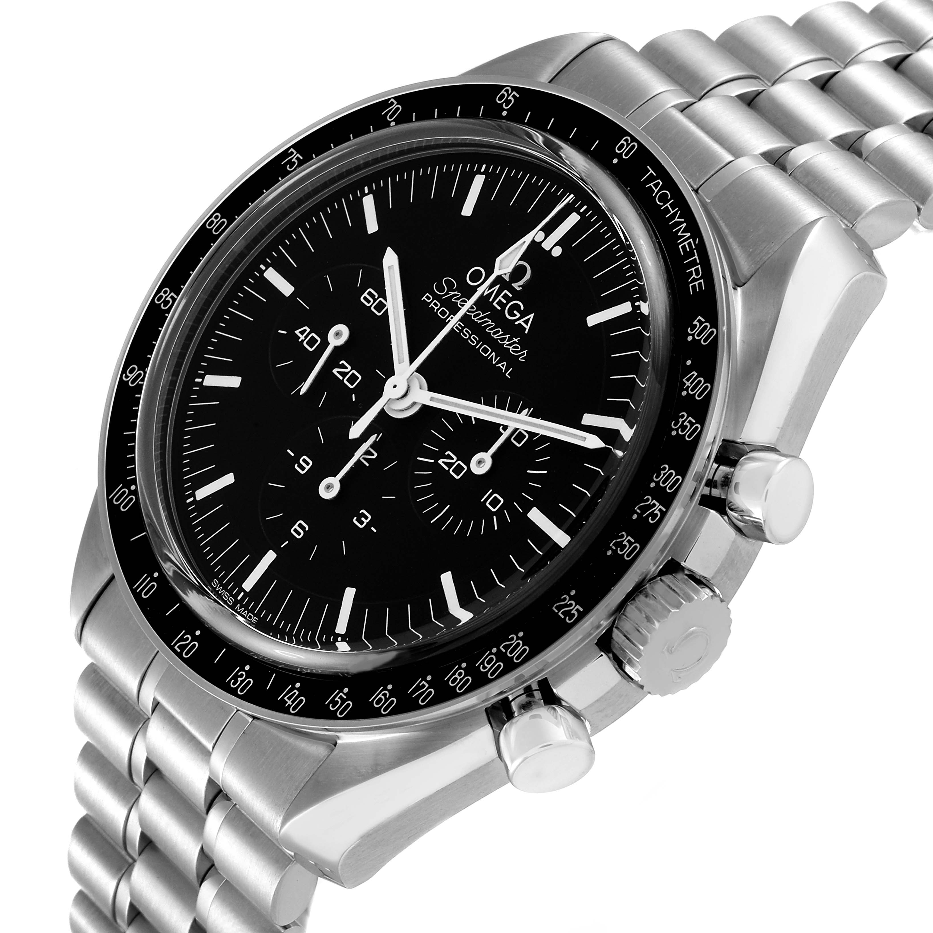 The Omega Speedmaster 310.30.42.50.01.002 Men's Stainless Steel Black Dial 310.30.42.50.01.002 Men's Stainless Steel Black Dial watch is shown at a slight angle, highlighting its face, bezel, and metal bracelet.