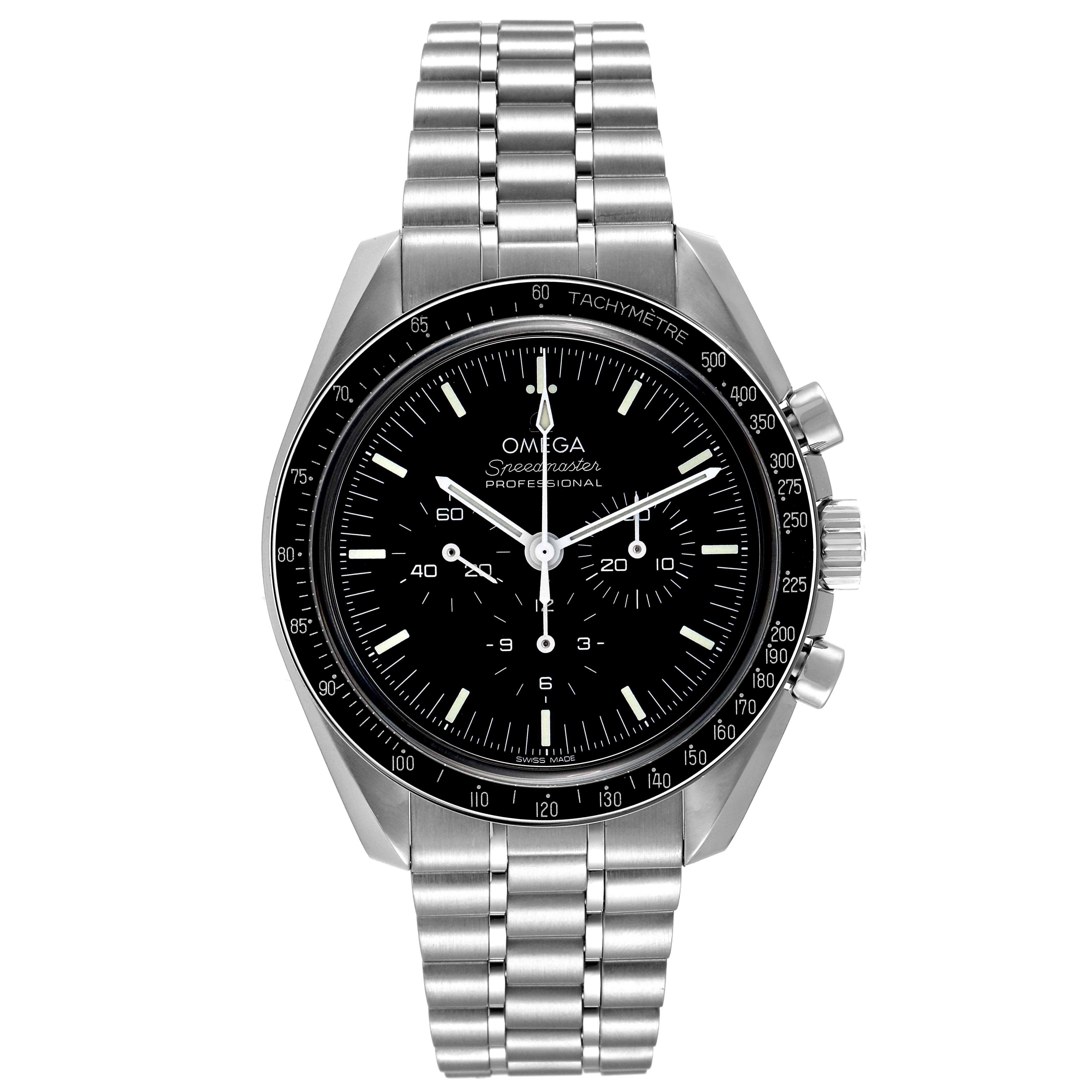The image shows a front view of an Omega Speedmaster 310.30.42.50.01.002 Men's Stainless Steel Black Dial 310.30.42.50.01.002 Men's Stainless Steel Black Dial watch, displaying the dial, bezel, and bracelet.