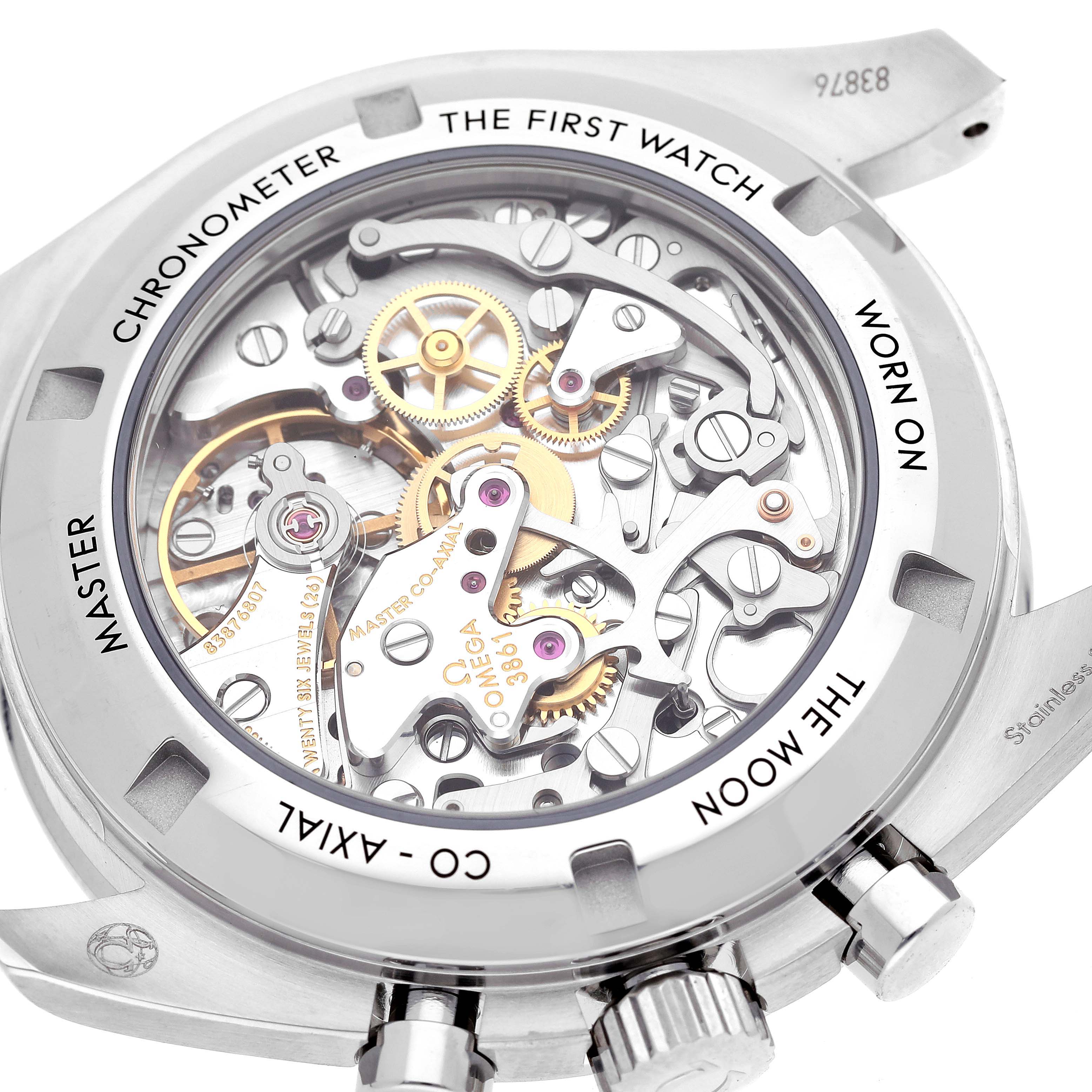 The image shows the back view of the Omega Speedmaster 310.30.42.50.01.002 Men's Stainless Steel Black Dial 310.30.42.50.01.002 Men's Stainless Steel Black Dial, highlighting its intricate movement and inner mechanics.