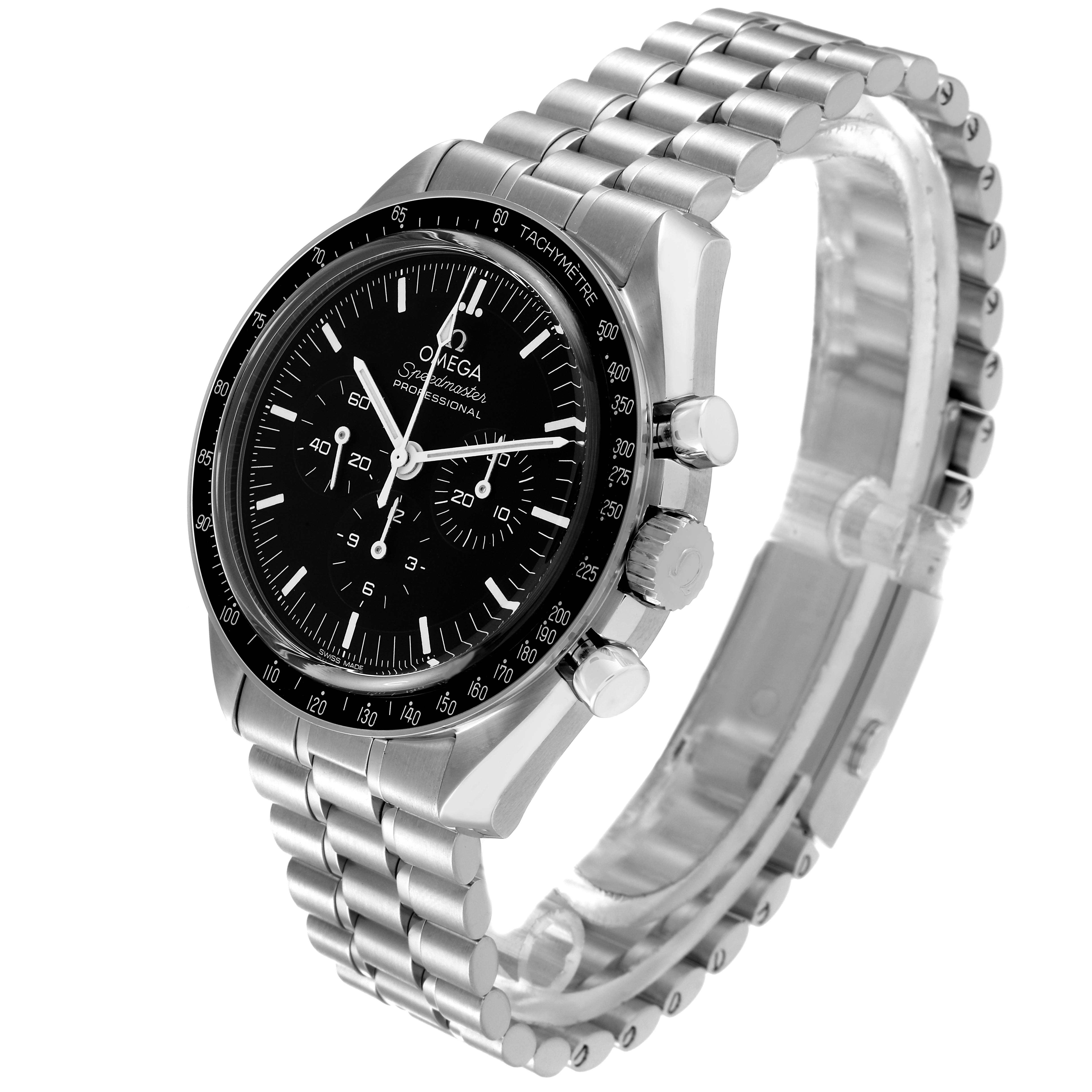 The Omega Speedmaster 310.30.42.50.01.002 Men's Stainless Steel Black Dial 310.30.42.50.01.002 Men's Stainless Steel Black Dial watch is shown at an angled view, highlighting its face, chronograph dials, tachymeter bezel, and metal bracelet.