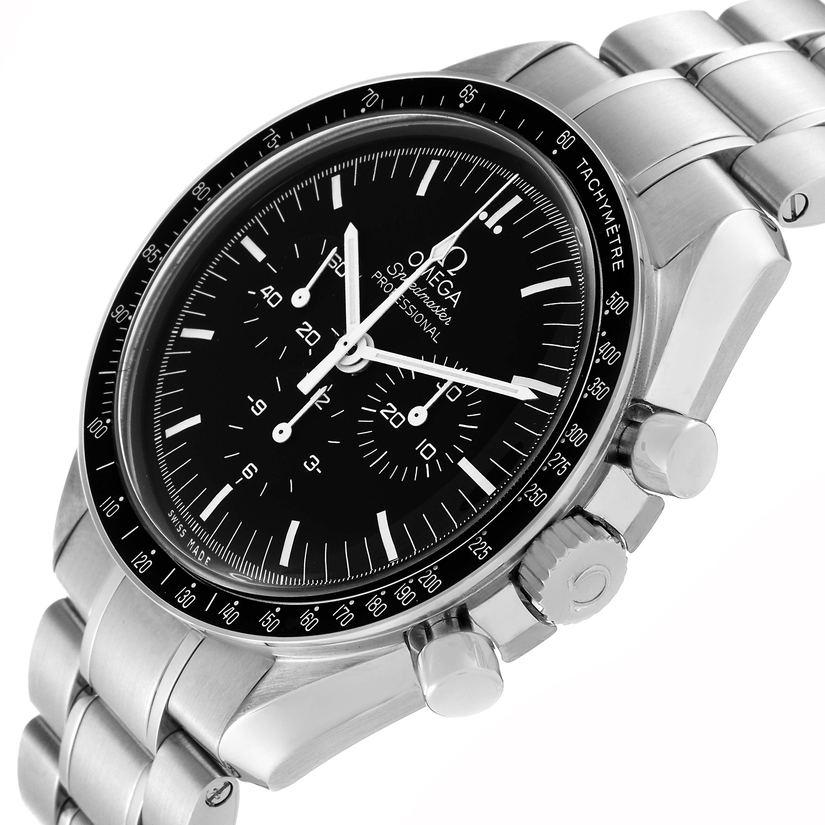 The image shows an Omega Speedmaster 311.30.42.30.01.005 Men
s Stainless Steel Black Dial 311.30.42.30.01.005 Men
s Stainless Steel Black Dial watch at an angled close-up, highlighting the dial, bezel, case, and bracelet.