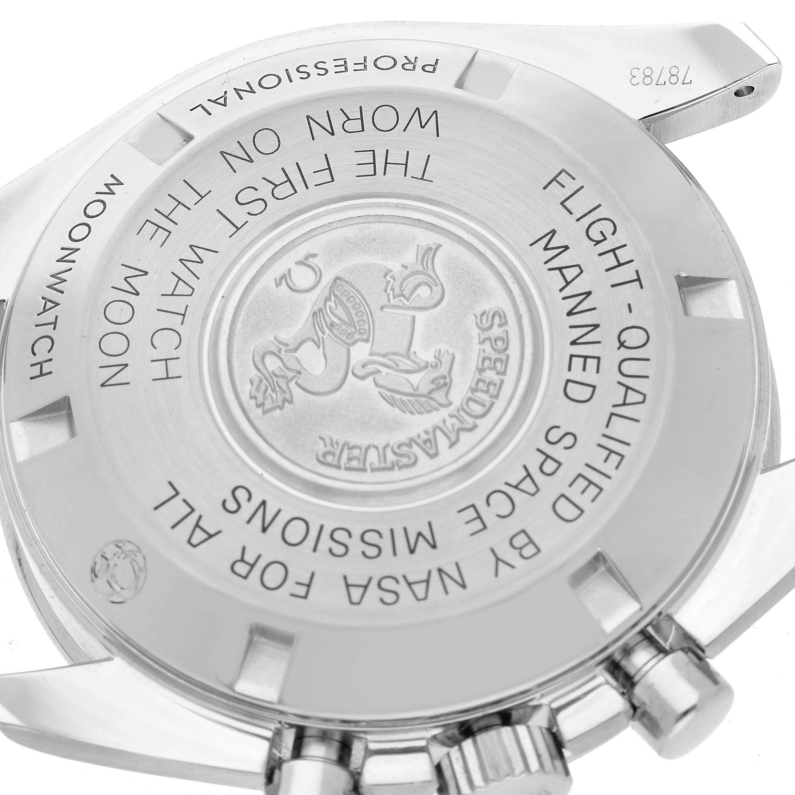 The image shows the case back of the Omega Speedmaster 311.30.42.30.01.005 Men
s Stainless Steel Black Dial 311.30.42.30.01.005 Men
s Stainless Steel Black Dial, highlighting its engravings and crown.