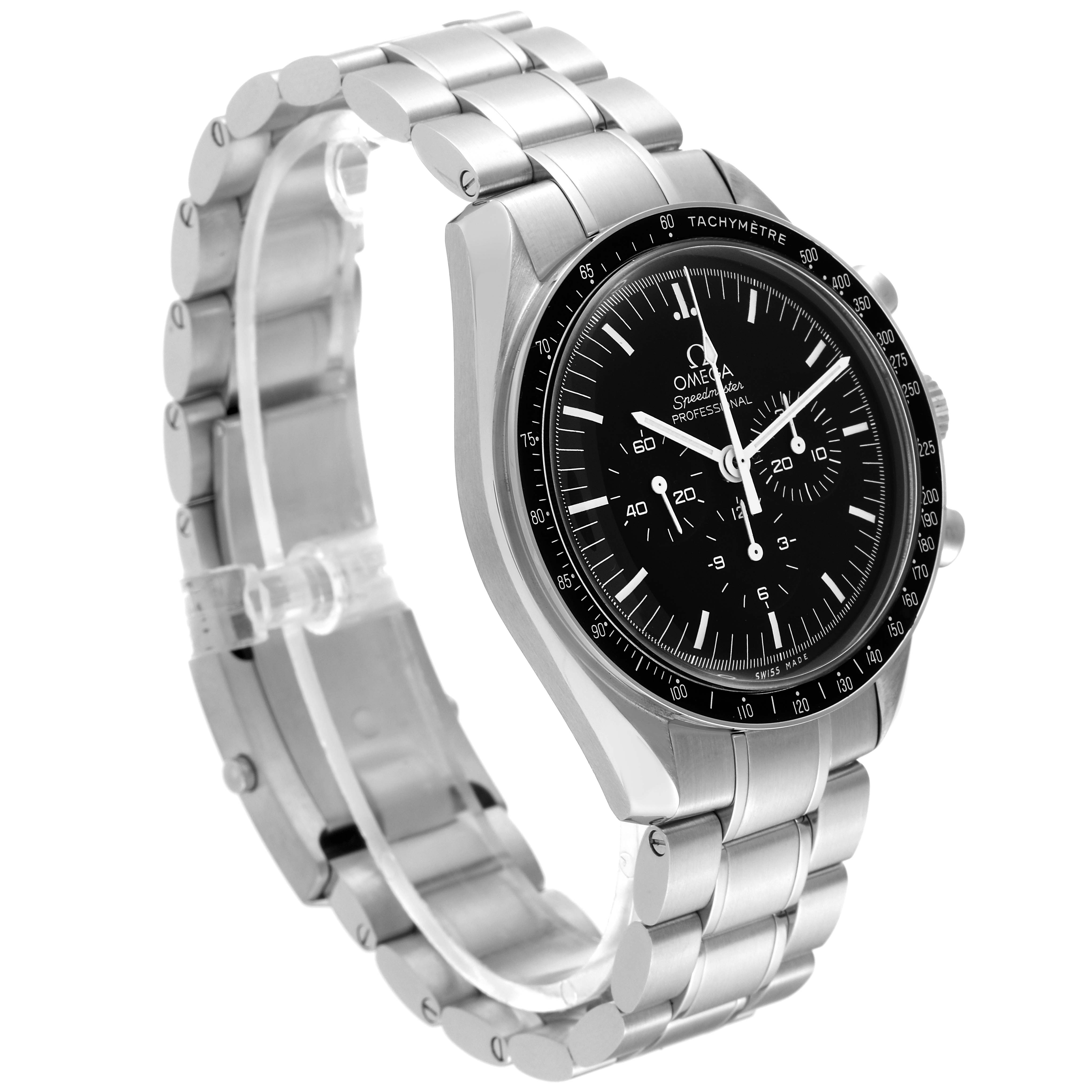 The Omega Speedmaster 311.30.42.30.01.005 Men
s Stainless Steel Black Dial 311.30.42.30.01.005 Men
s Stainless Steel Black Dial watch is shown at a three-quarter angle, highlighting its black dial, tachymeter bezel, and stainless steel bracelet.