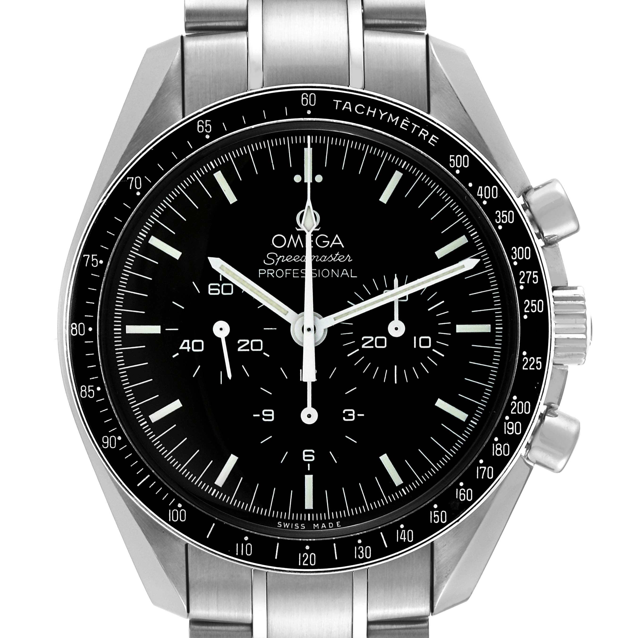 This is a front view of the Omega Speedmaster 311.30.42.30.01.005 Men
s Stainless Steel Black Dial 311.30.42.30.01.005 Men
s Stainless Steel Black Dial watch displaying the dial, hands, subdials, and tachymeter bezel.