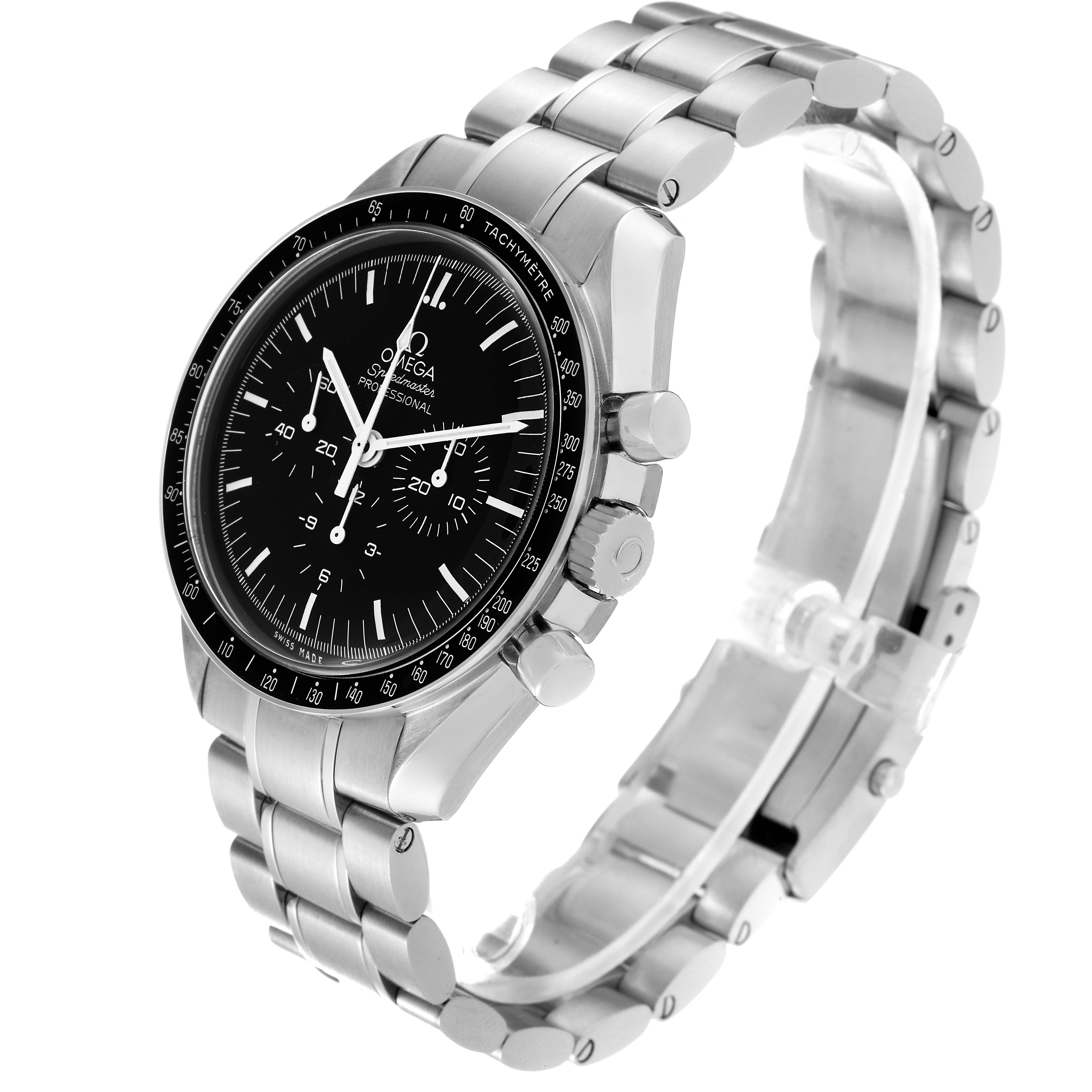 The image shows an Omega Speedmaster 311.30.42.30.01.005 Men
s Stainless Steel Black Dial 311.30.42.30.01.005 Men
s Stainless Steel Black Dial watch at a three-quarter angle, highlighting the dial, bezel, bracelet, and crown.
