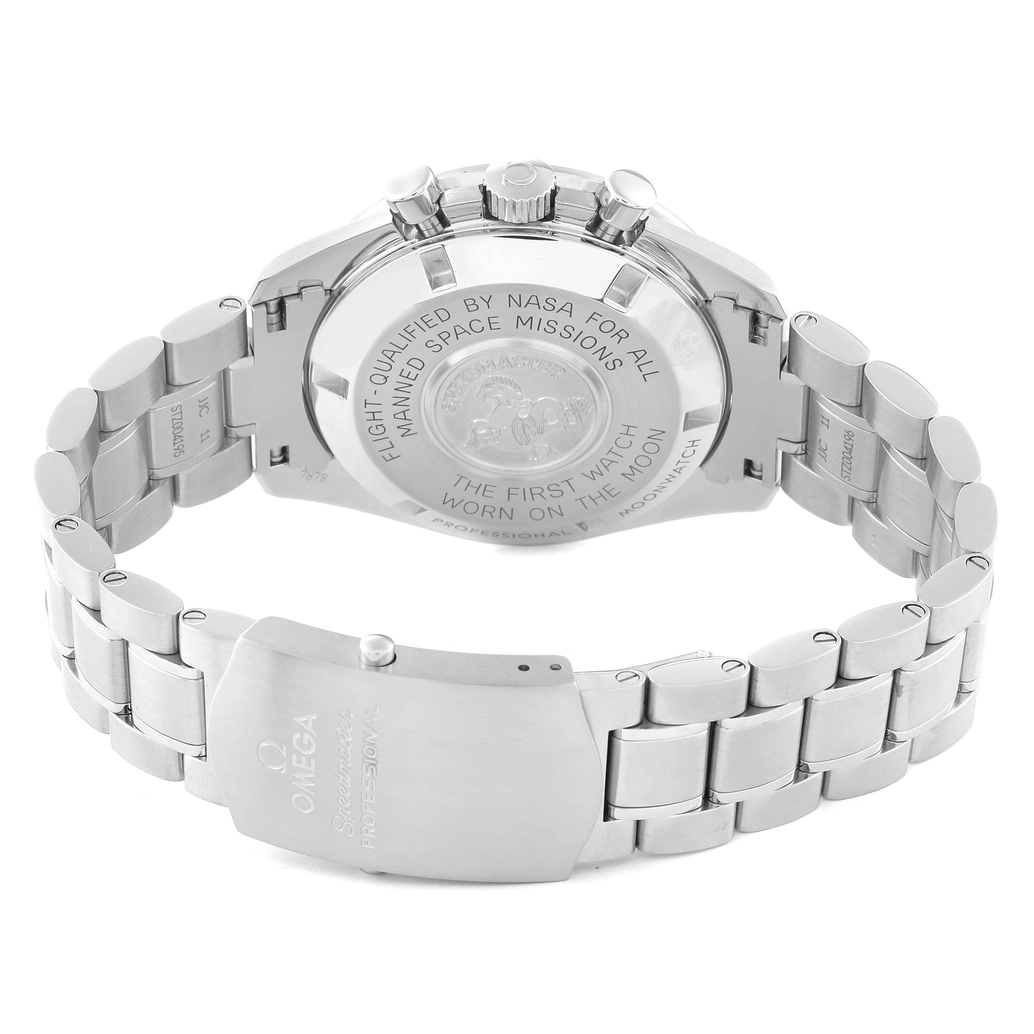 The image shows the back side of an Omega Speedmaster 311.30.42.30.01.005 Men
s Stainless Steel Black Dial 311.30.42.30.01.005 Men
s Stainless Steel Black Dial
s case and its stainless steel bracelet clasp.