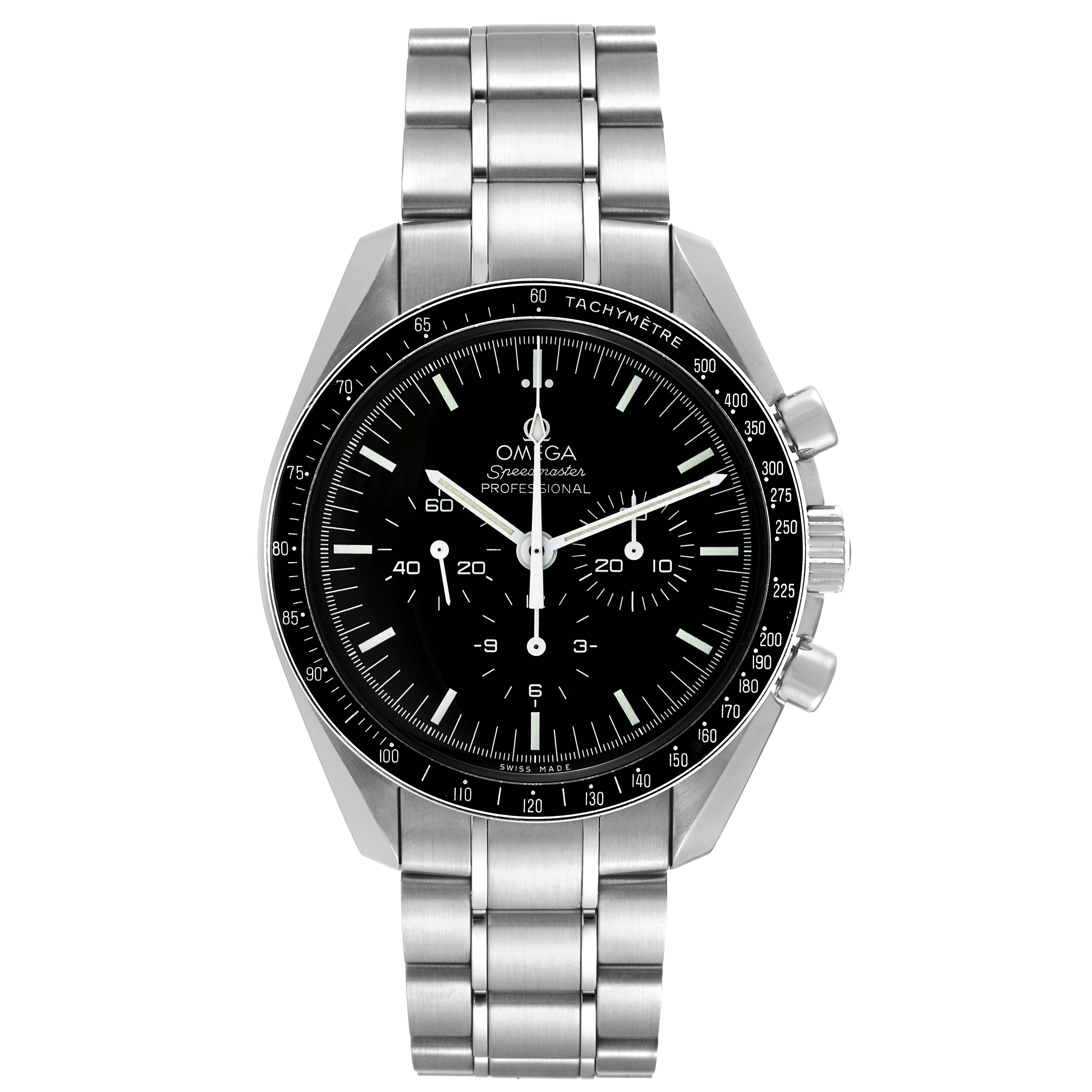 The image shows a frontal view of the Omega Speedmaster 311.30.42.30.01.005 Men
s Stainless Steel Black Dial 311.30.42.30.01.005 Men
s Stainless Steel Black Dial watch, highlighting its dial, bezel, and bracelet.