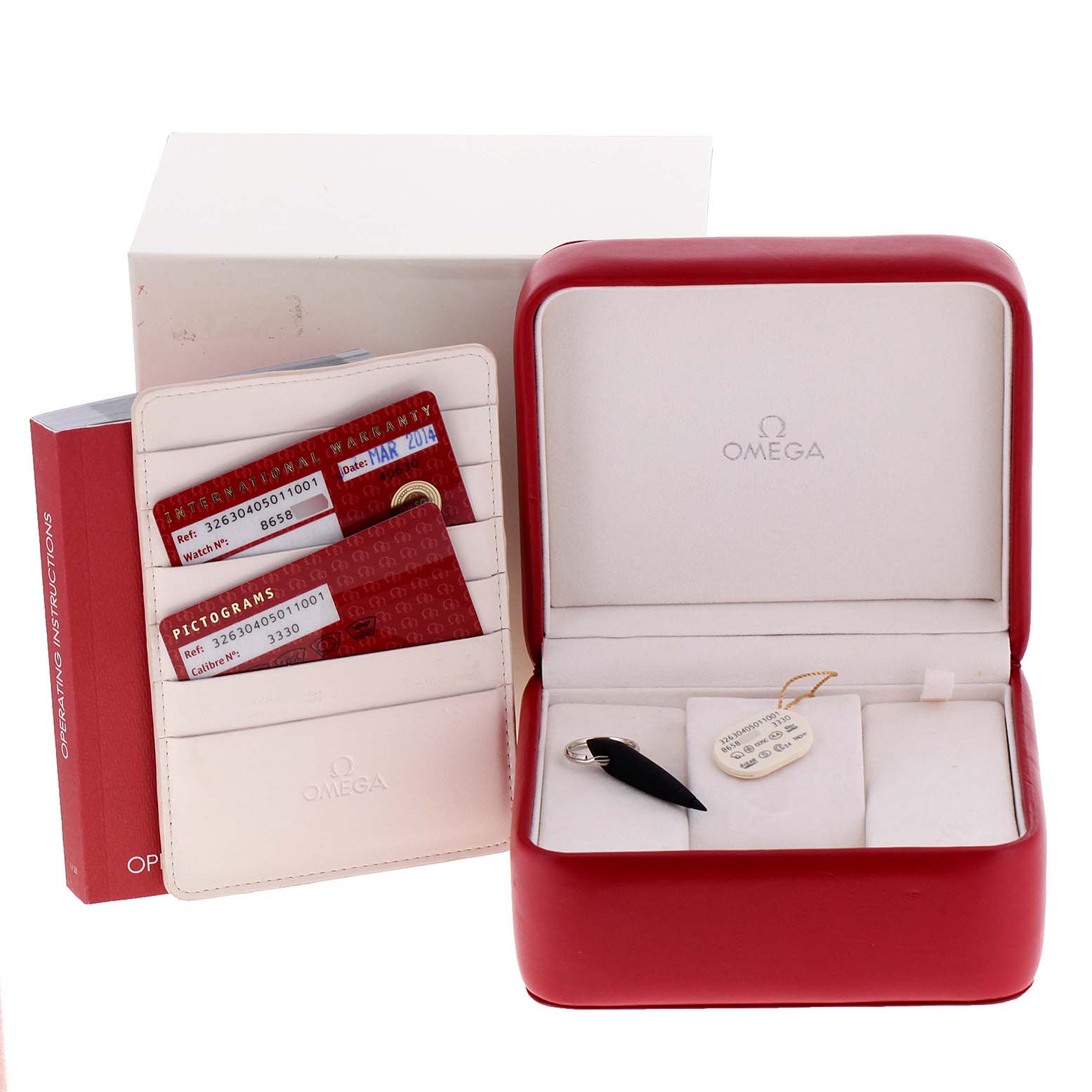 The image shows the packaging, warranty cards, user manual, and accessories for an Omega Speedmaster 326.30.40.50.11.001 Men's Stainless Steel Red Dial 326.30.40.50.11.001 Men's Stainless Steel Red Dial watch.