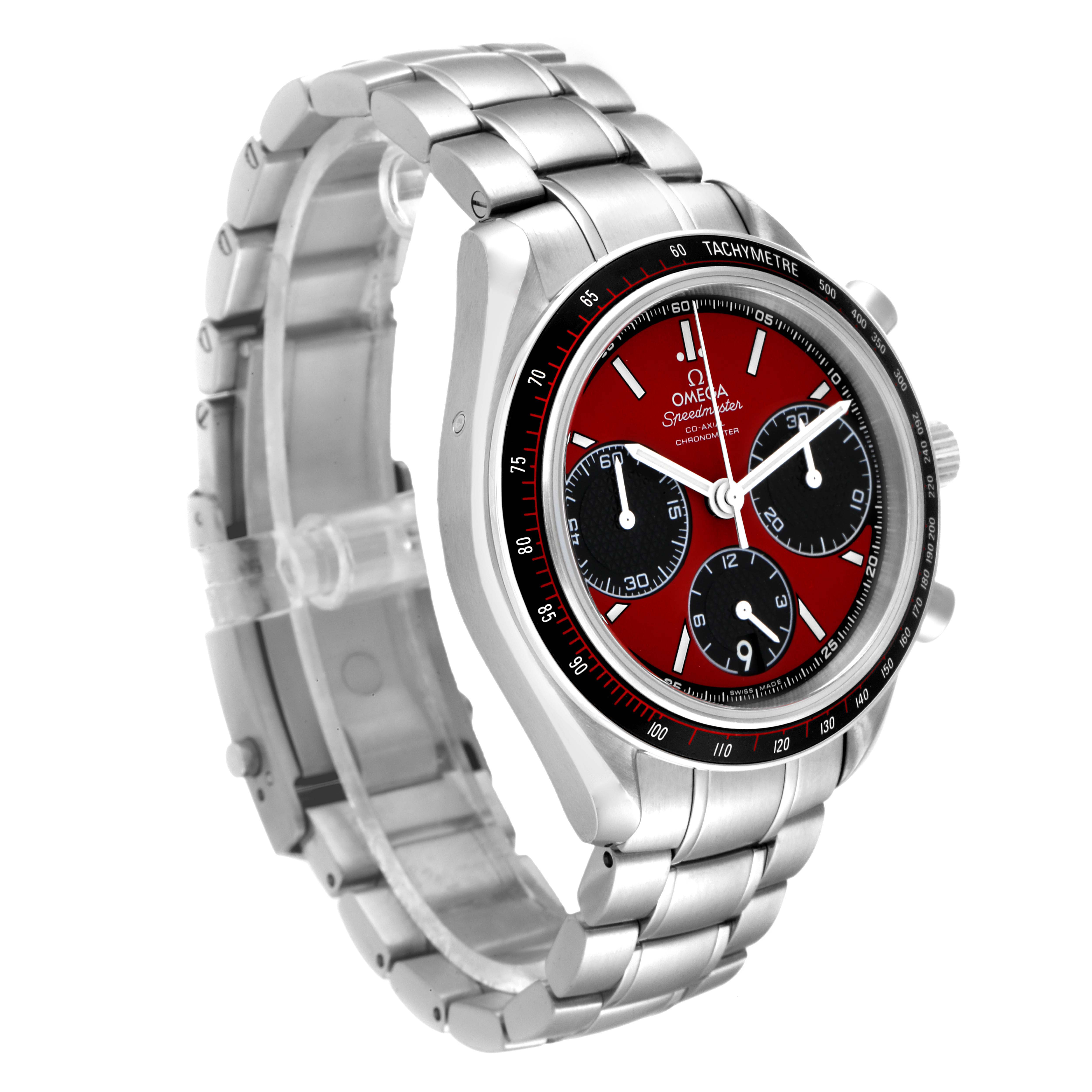This image shows a side angle of an Omega Speedmaster 326.30.40.50.11.001 Men's Stainless Steel Red Dial 326.30.40.50.11.001 Men's Stainless Steel Red Dial watch, highlighting its bracelet, case, and tachymeter bezel.
