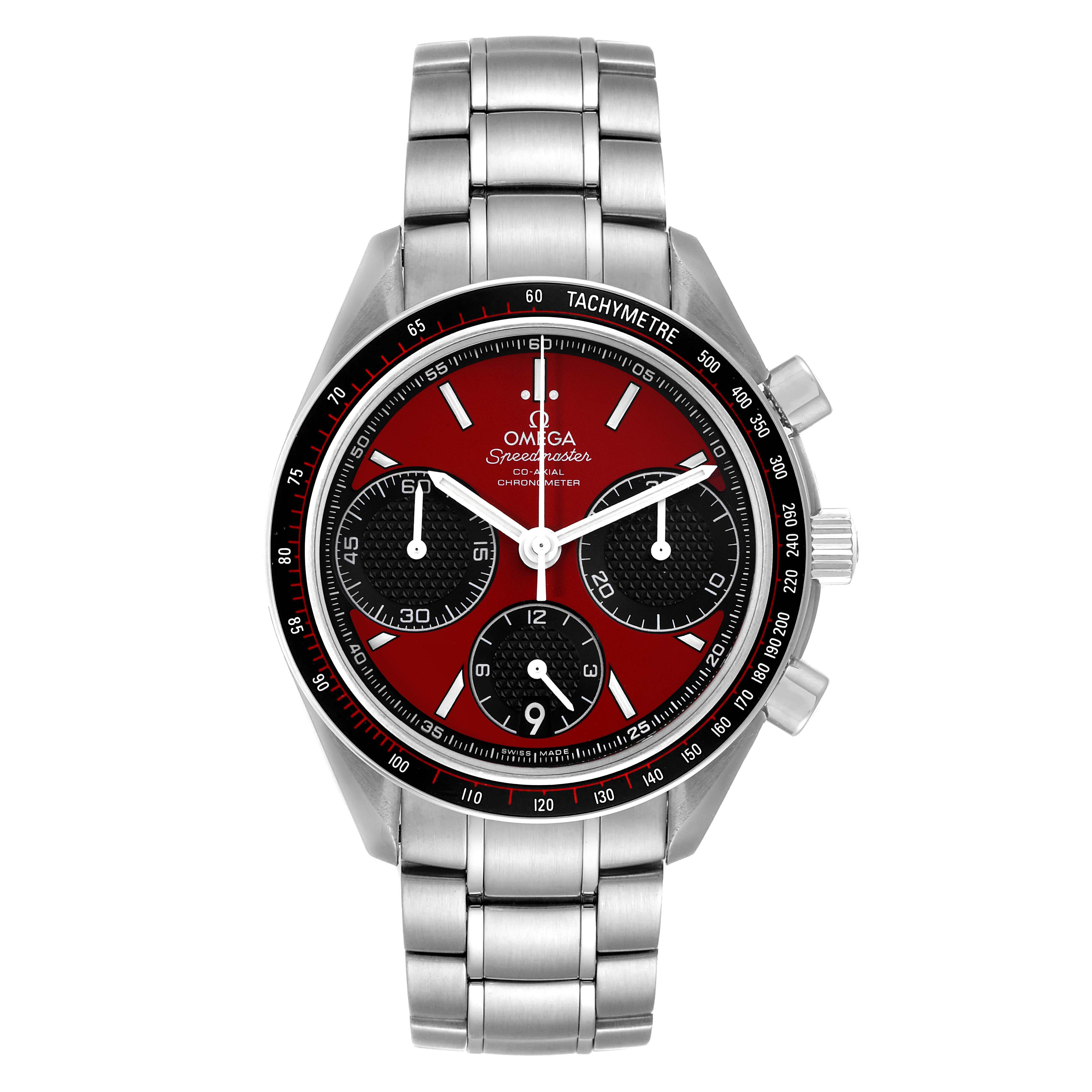 The image shows a front angle of an Omega Speedmaster 326.30.40.50.11.001 Men's Stainless Steel Red Dial 326.30.40.50.11.001 Men's Stainless Steel Red Dial watch, highlighting its stainless steel bracelet and red dial with chronograph sub-dials.