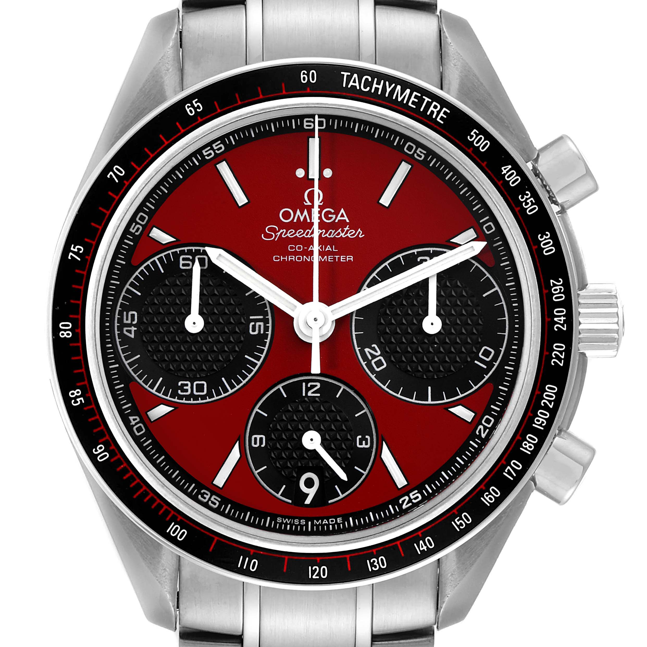 The image shows a front view of an Omega Speedmaster 326.30.40.50.11.001 Men's Stainless Steel Red Dial 326.30.40.50.11.001 Men's Stainless Steel Red Dial watch, highlighting its dial, subdials, and tachymeter bezel.