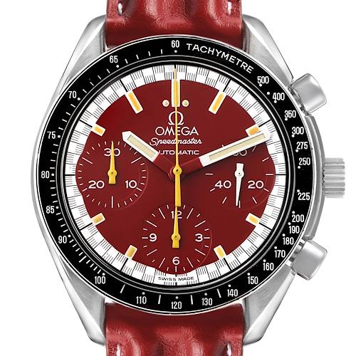 The Omega Speedmaster 3810.61.41 Men's Stainless Steel Red Dial watch is shown from the front, highlighting its dial, bezel, and pushers.