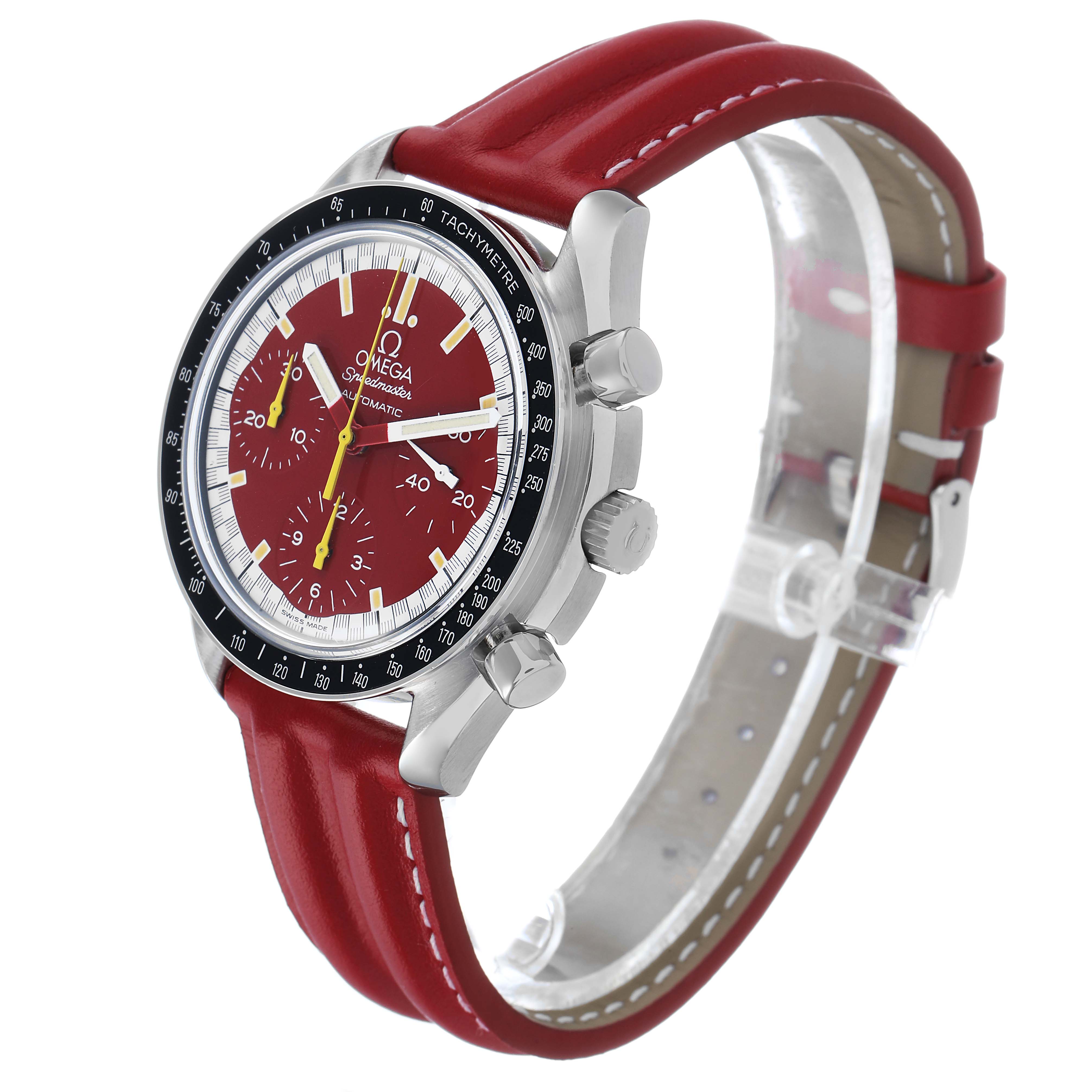 The Omega Speedmaster 3810.61.41 Men's Stainless Steel Red Dial watch is shown at a three-quarter angle, highlighting the face, bezel, crown, and pushers.