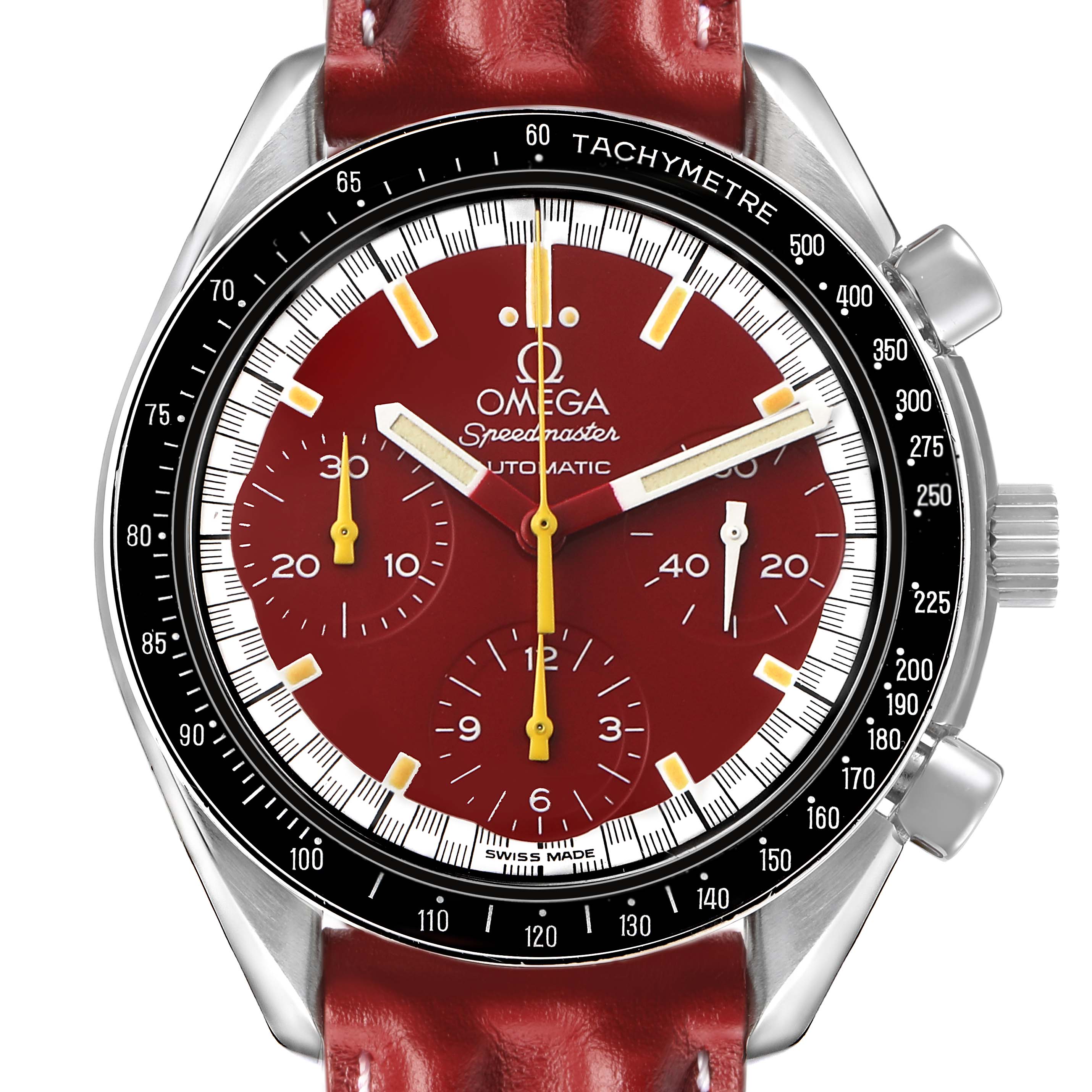 The Omega Speedmaster 3810.61.41 Men's Stainless Steel Red Dial watch is shown from the front, displaying its dial, subdials, tachymeter bezel, and red leather strap.